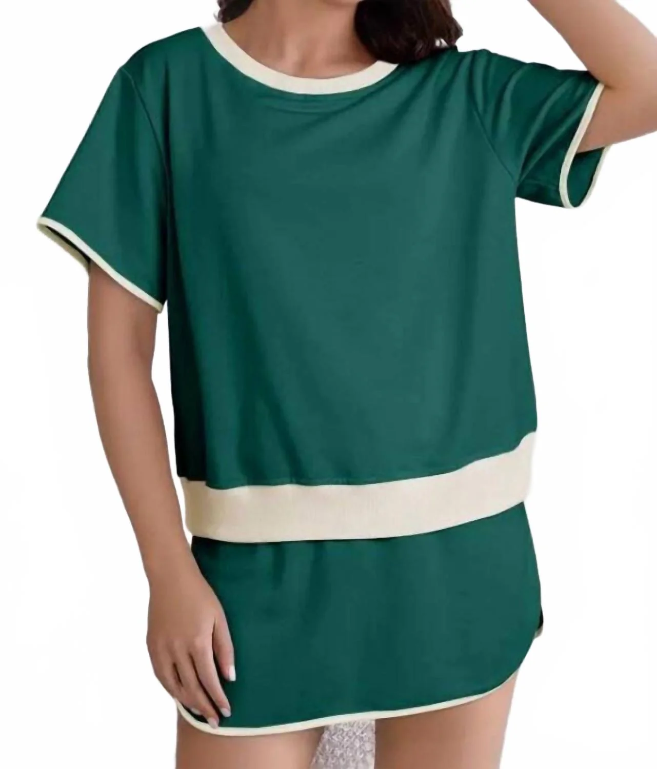 Colorblock Edge Drop Shoulder T-Shirt And Skirt Set In Green