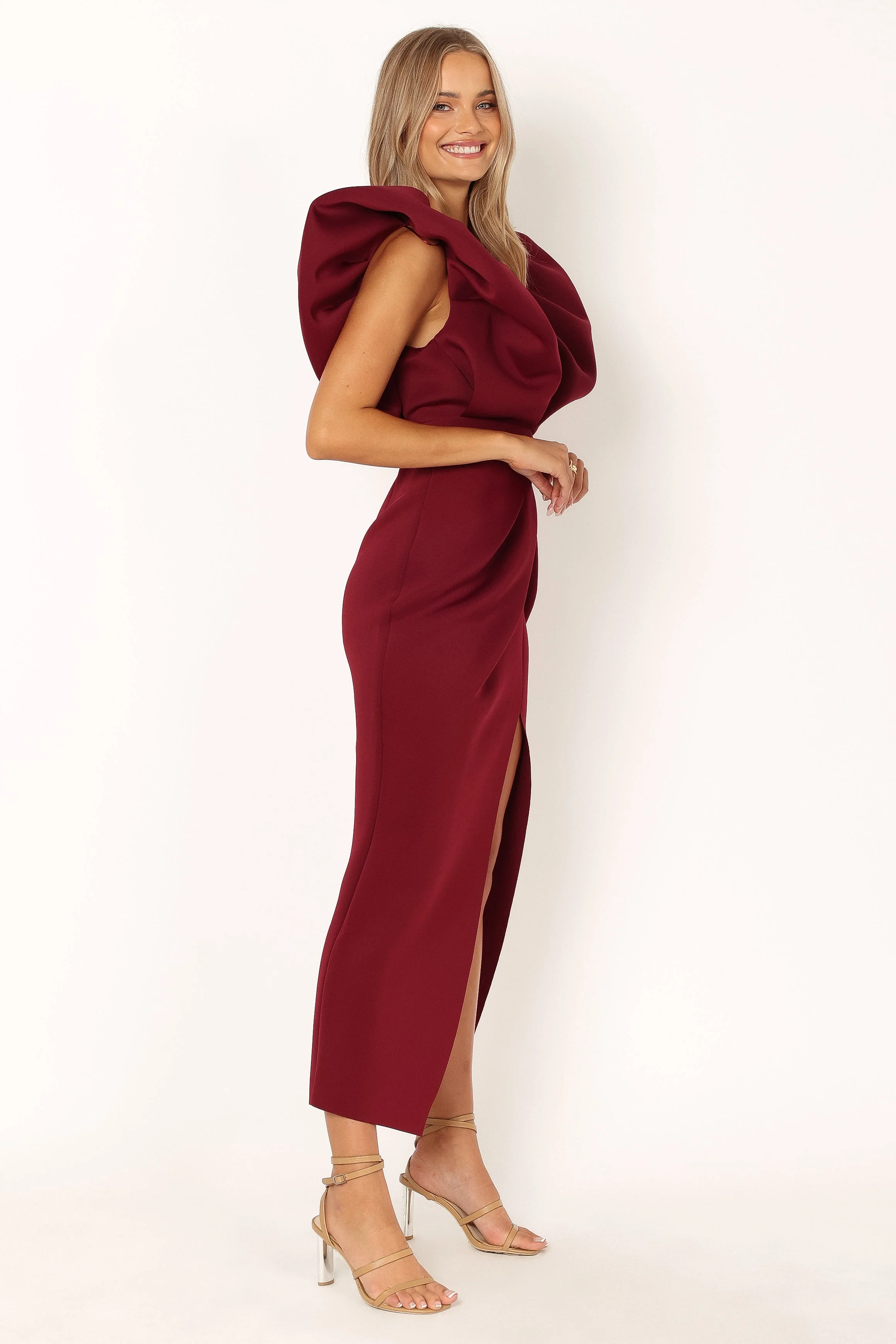 Augie Frill Shoulder Maxi Dress - Burgundy