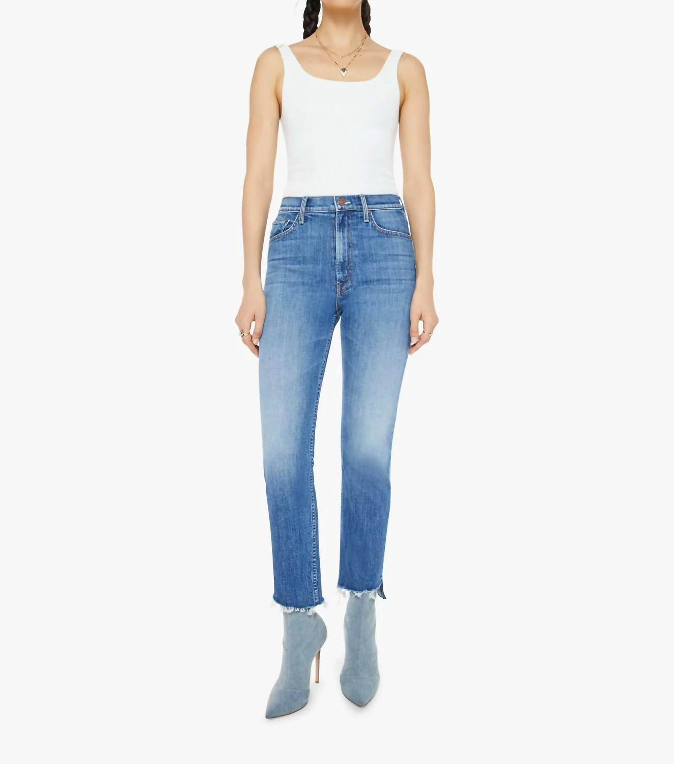 High Waisted Rider Ankle Step Fray Jean In Loafers And Lassos