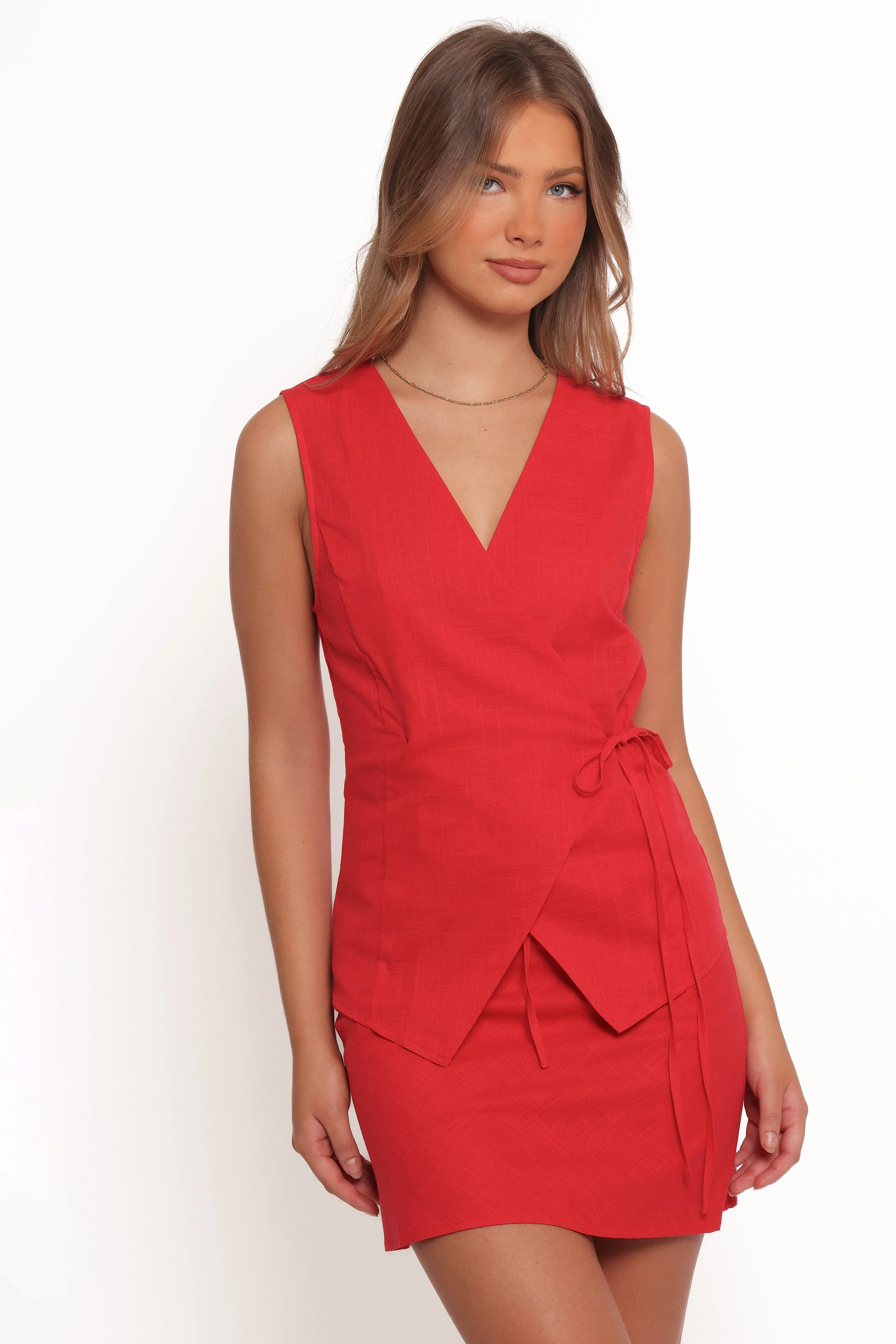 Vanni Wrap Front Linen Top - Red