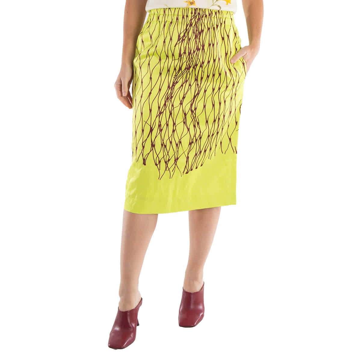 Dries Van Noten Neon Yellow Net Printed Midi Skirt