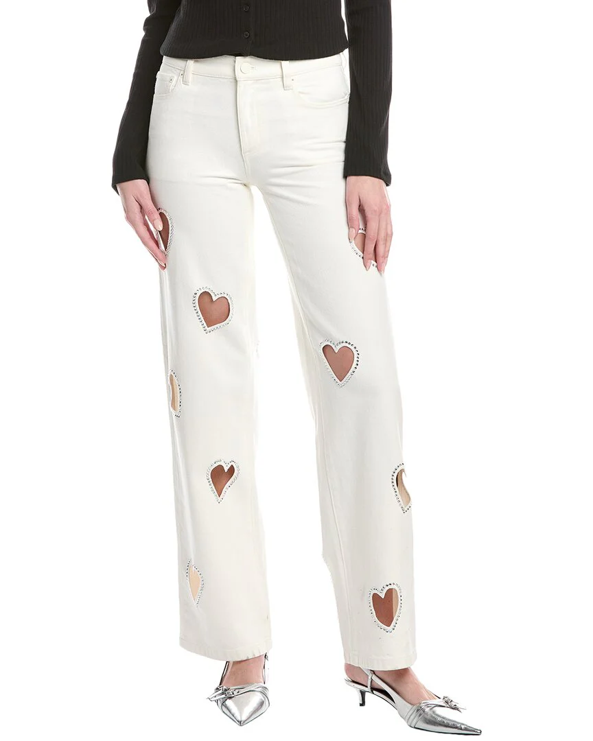 alice + olivia Karrie Embellished Heart Cutout Off White Jean