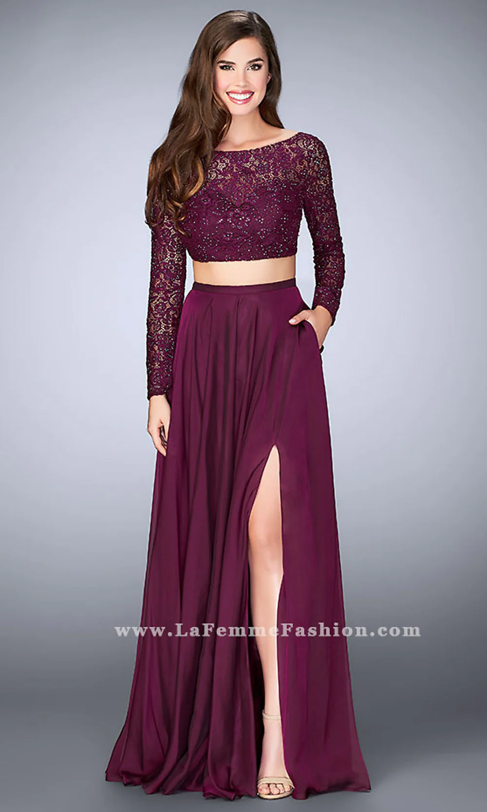 Two Piece Long Chiffon Prom Dress with Long Sleeves