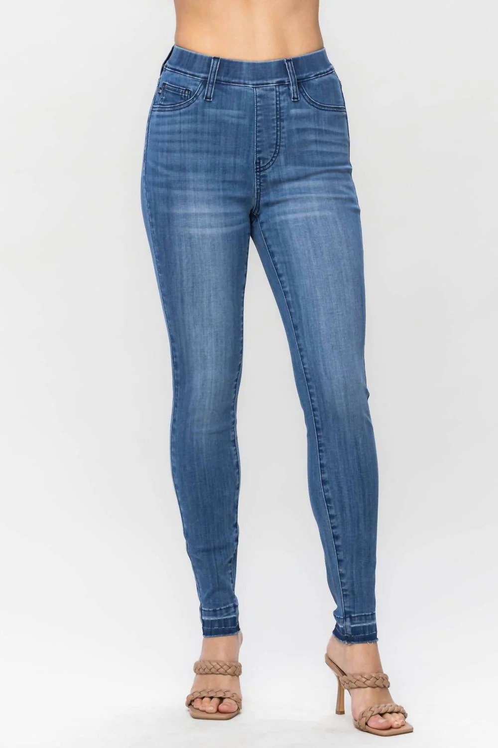 High Waist Release Hem Pull On Skinny In Blue