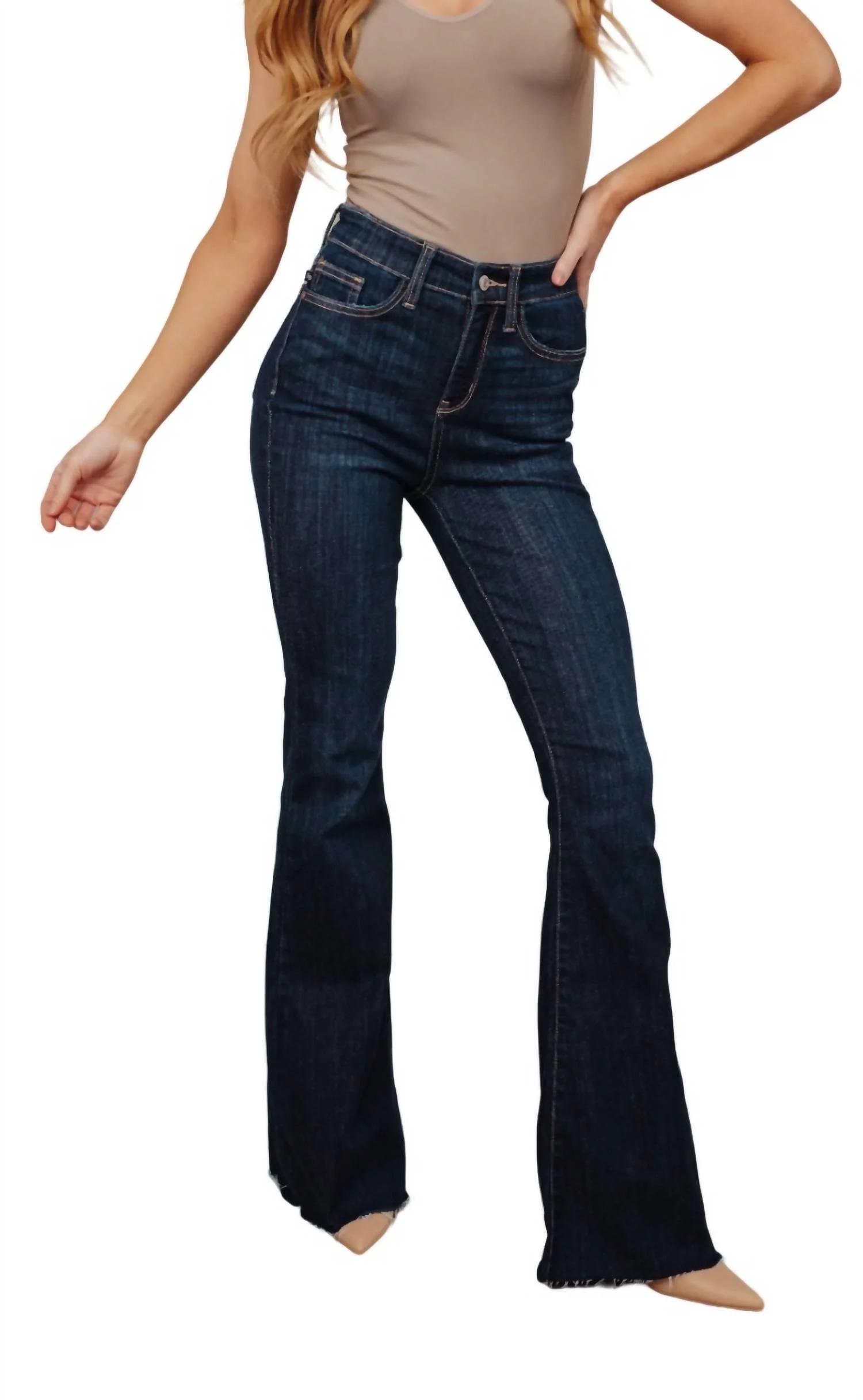 High Rise Raw Hem Flare Jeans In Dark Wash