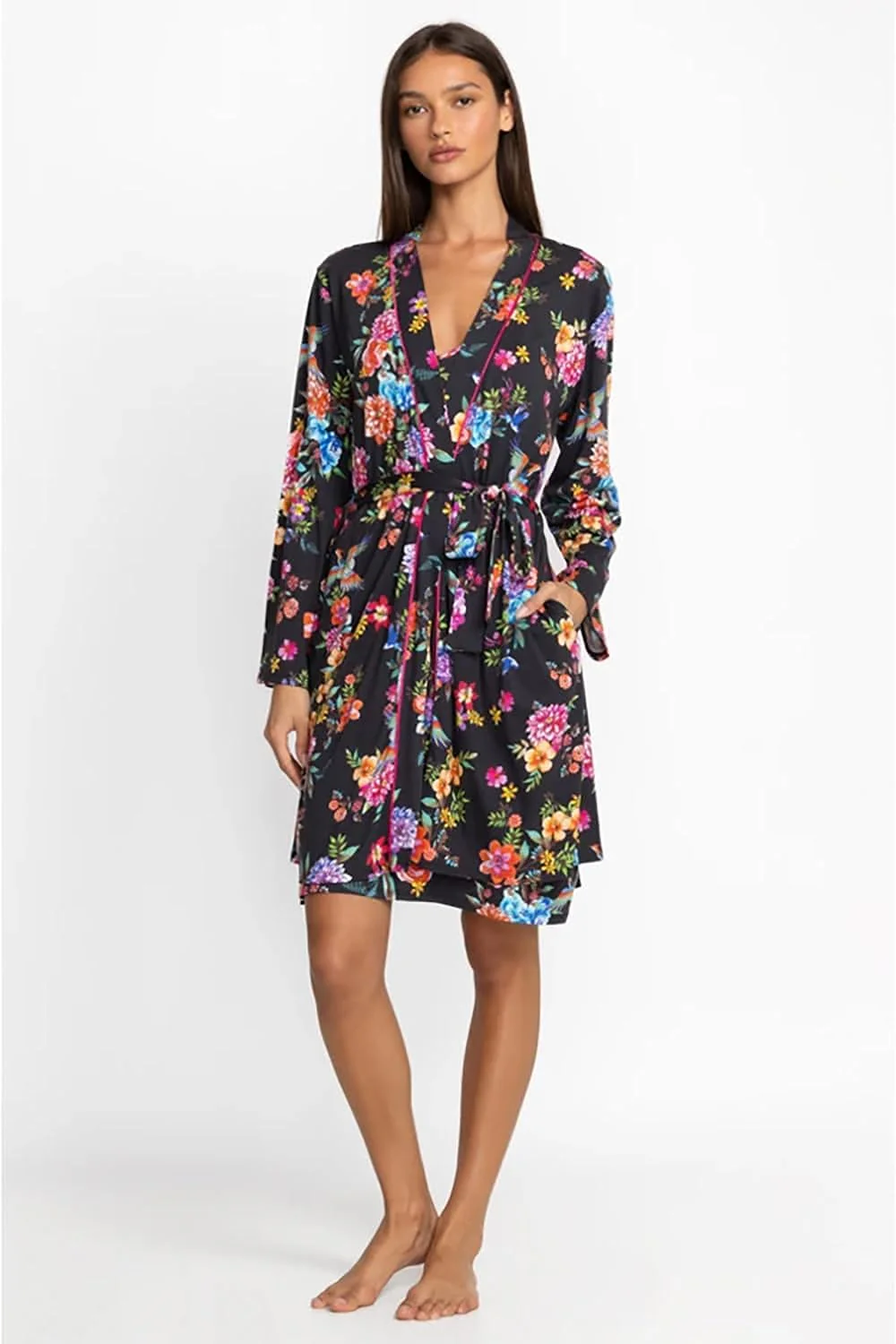 Johnny Was Women Sognatore Nero's Sleep Robe Long Sleeve Self Tie Belt Multi Floral New