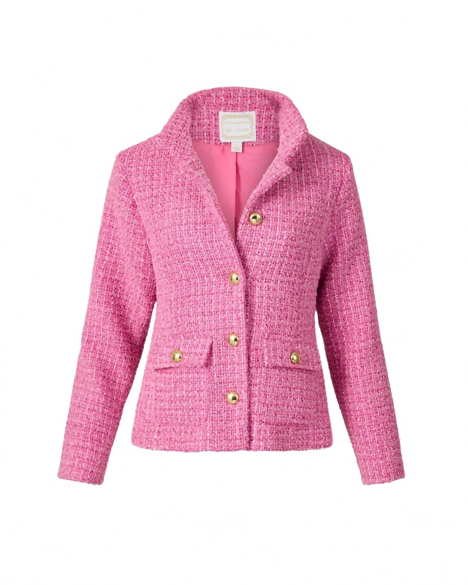 Niki Button Front Blazer In Pink Tweed