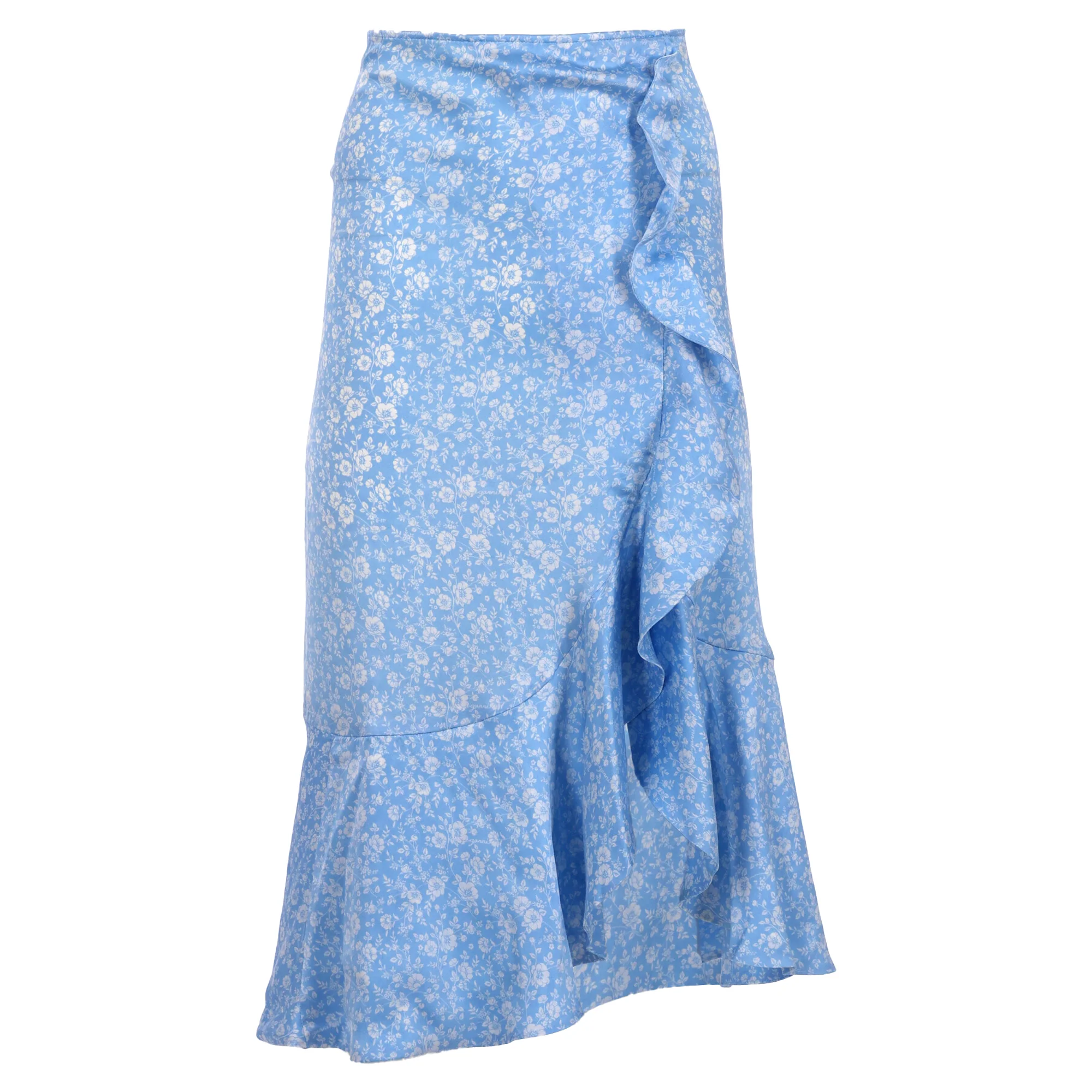 Ganni Floral Frill Skirt in Light Blue Silk