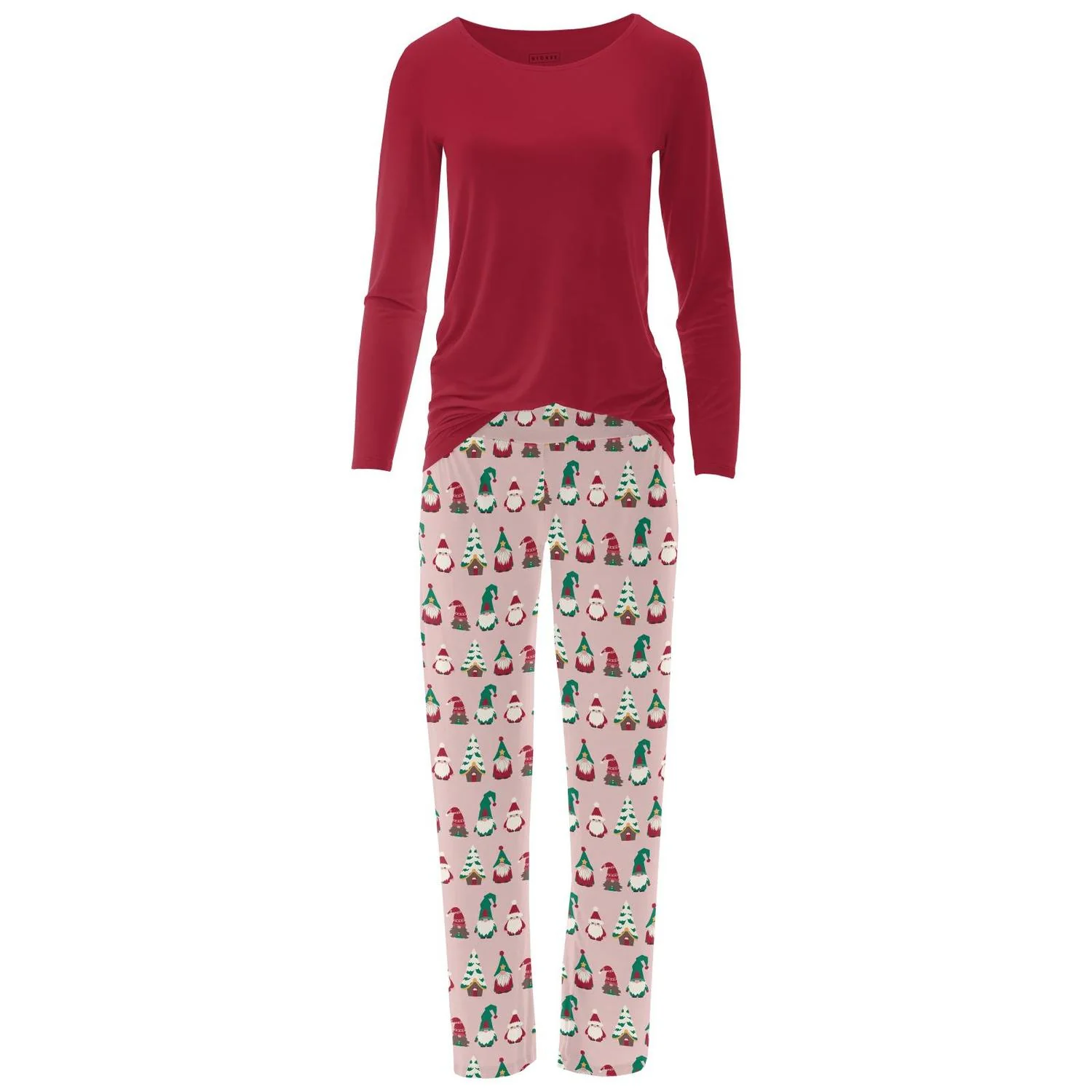 Women's Long Sleeve Tee & Pajama Pants Set In Baby Rose Gnomes