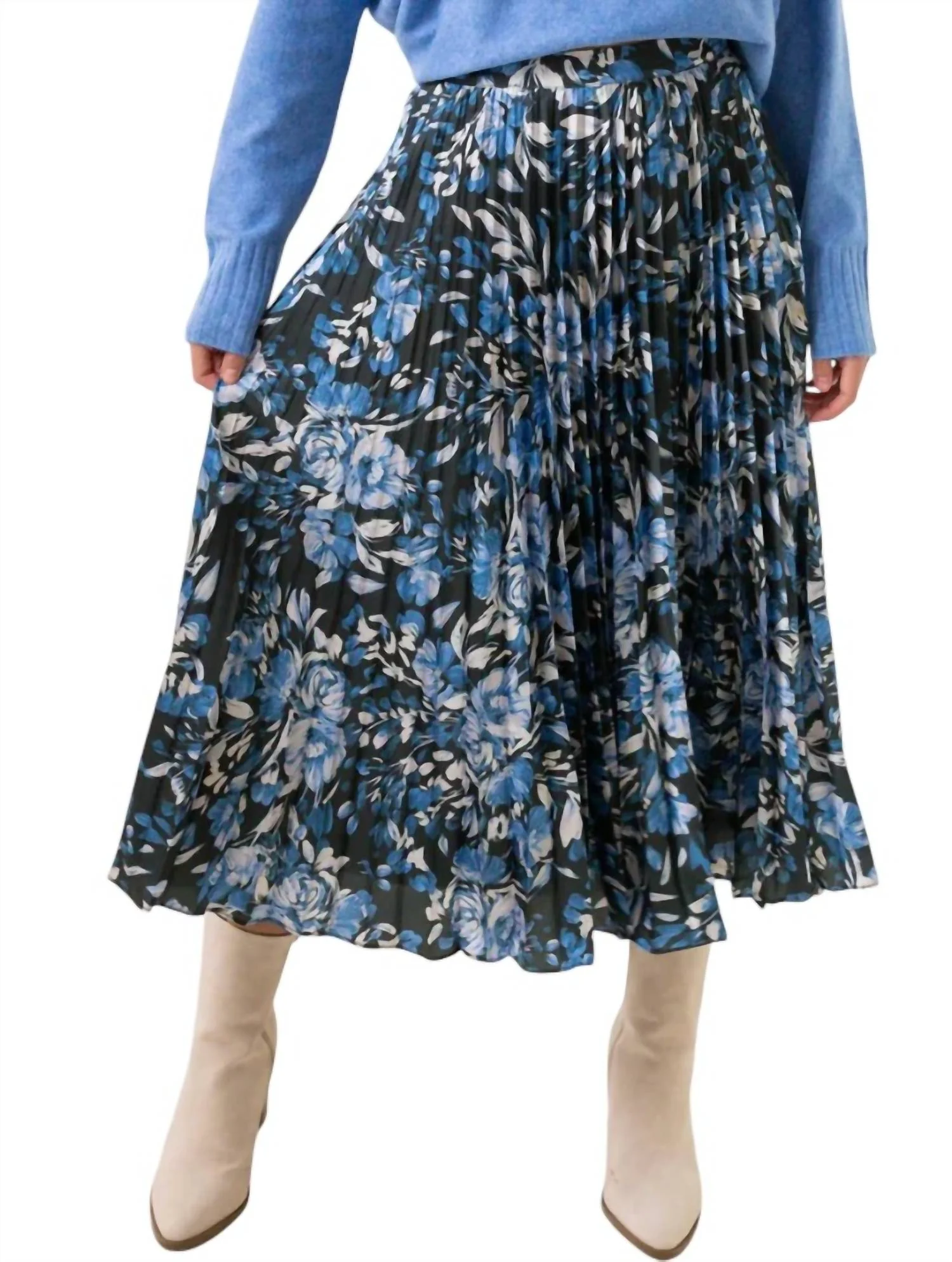 Parisian Bleu Midi Skirt In Blue-Floral-Multi