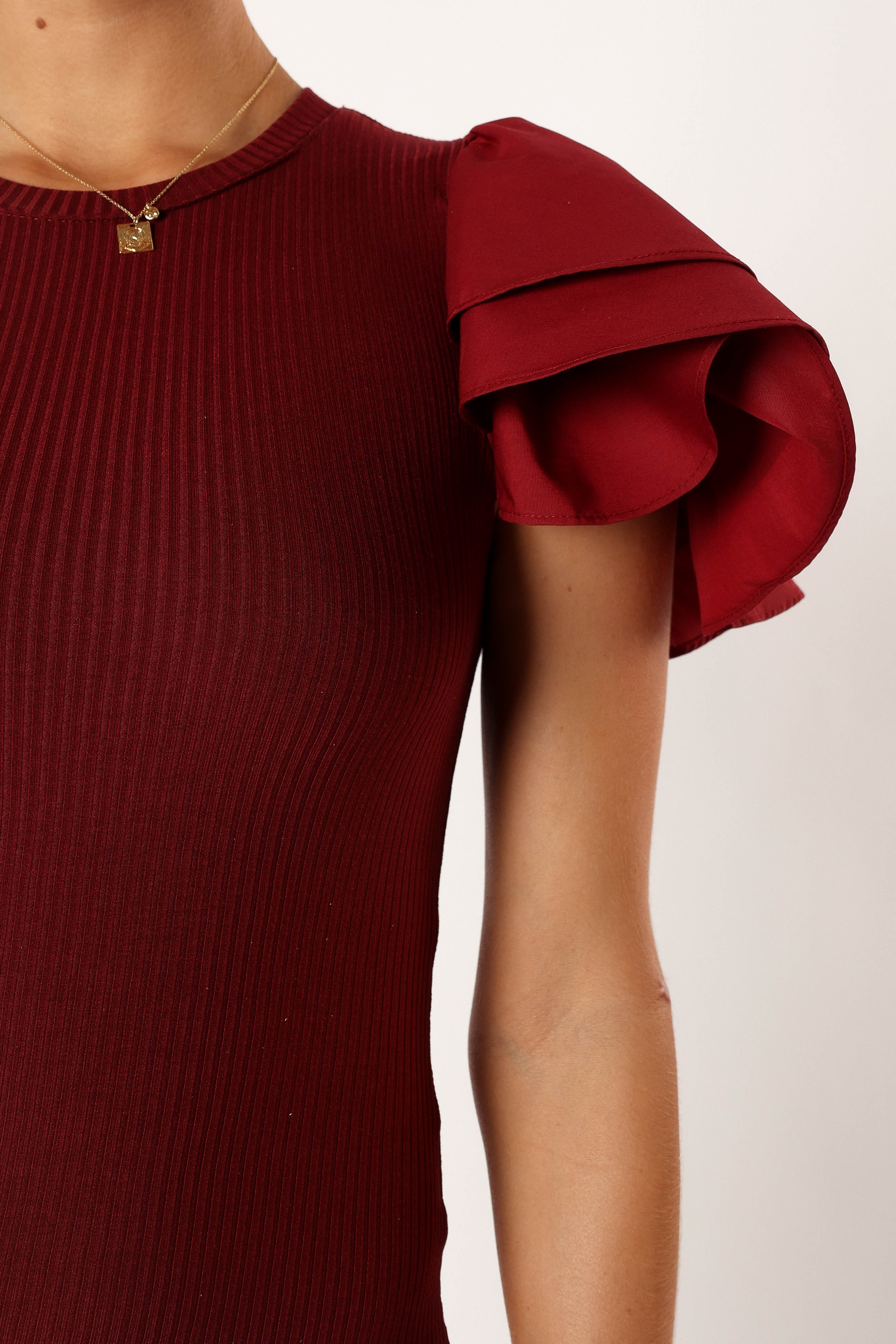 Cally Ruffle Sleeve Midi Dress - Wine