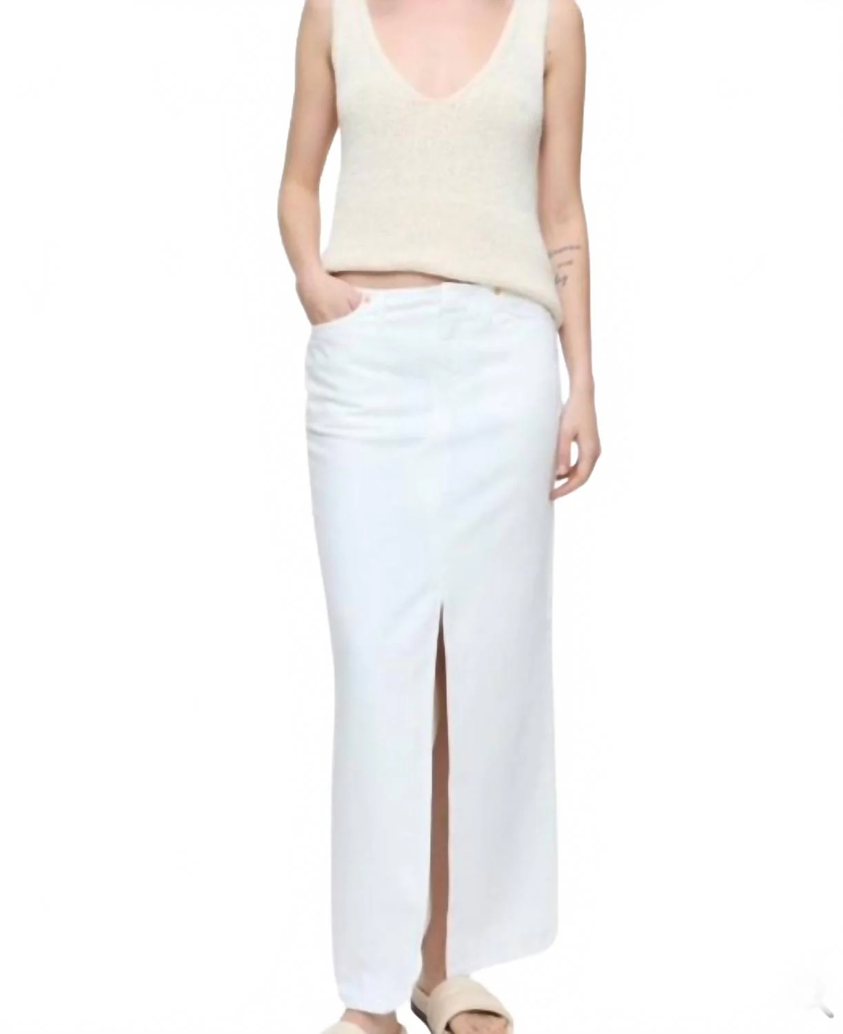 5 Pocket Denim Maxi Skirt In White