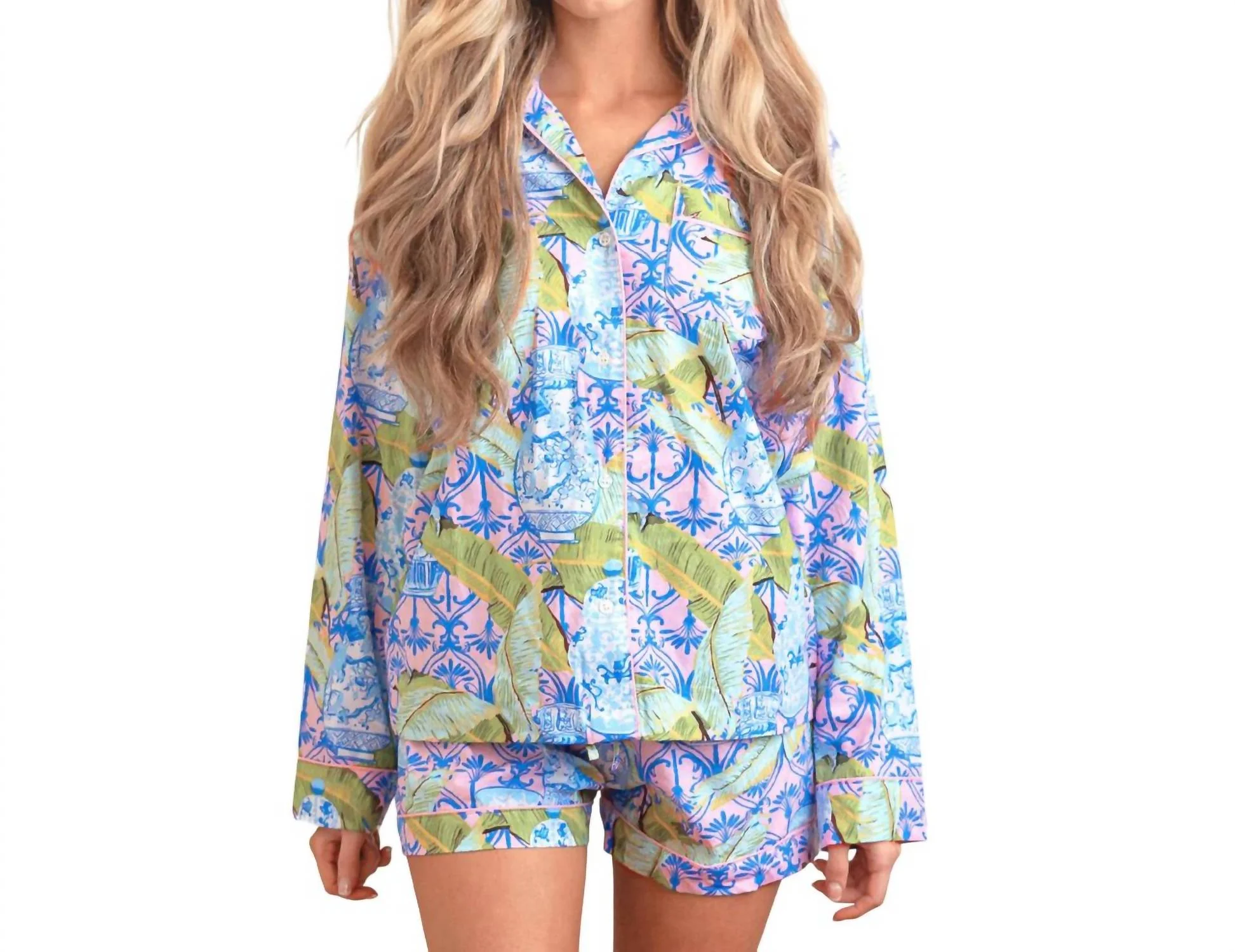 Long Sleeve Top & Short Pajama Set In Botanical Ginger Jar