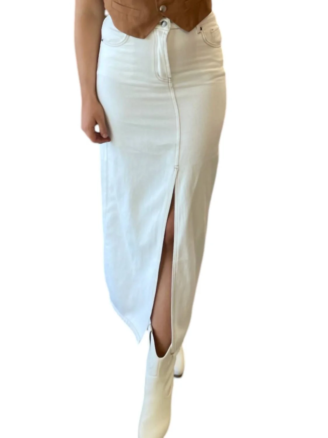 Front Slit Midi Skirt In White