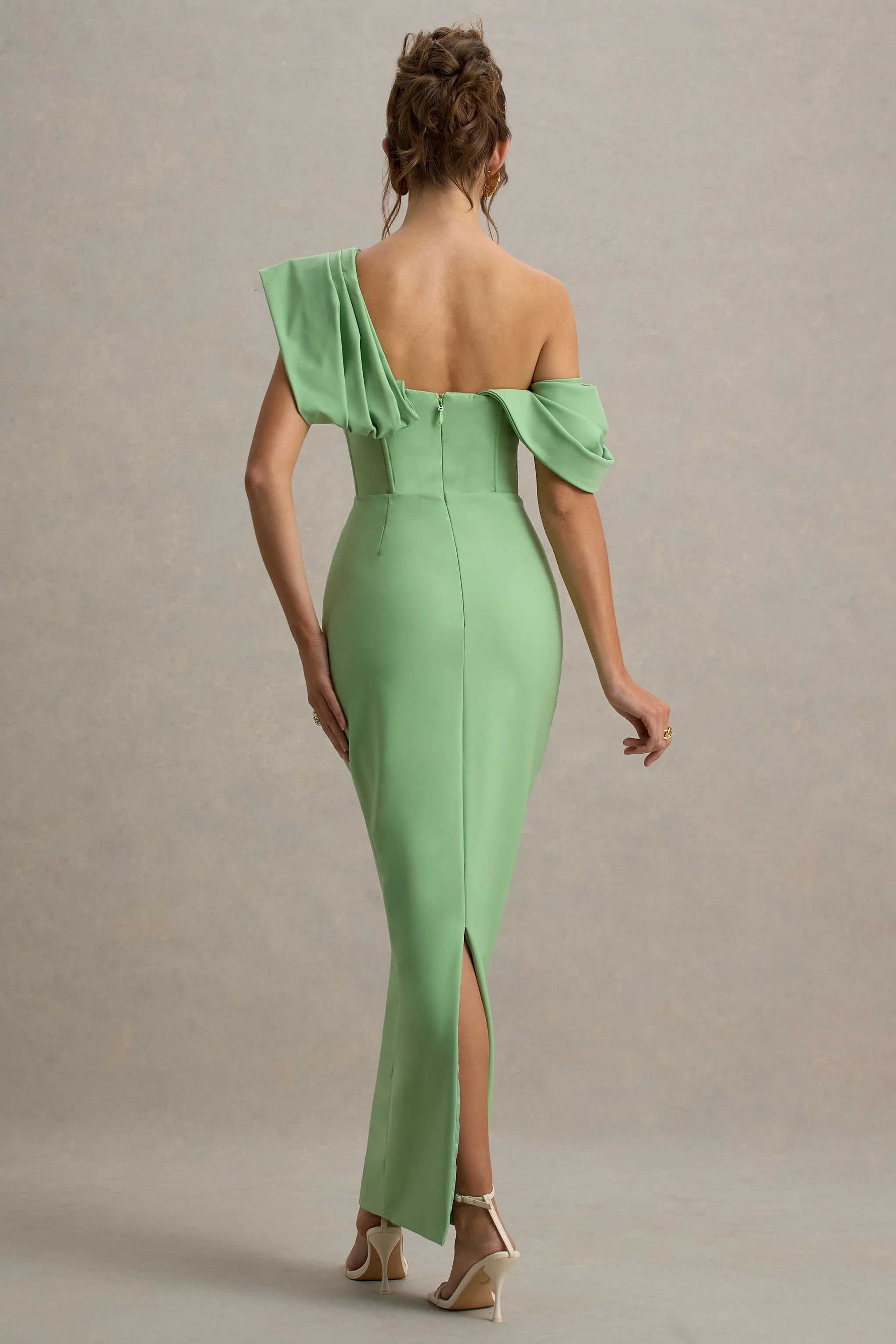 Angelina | Green Draped Shoulder Maxi Dress