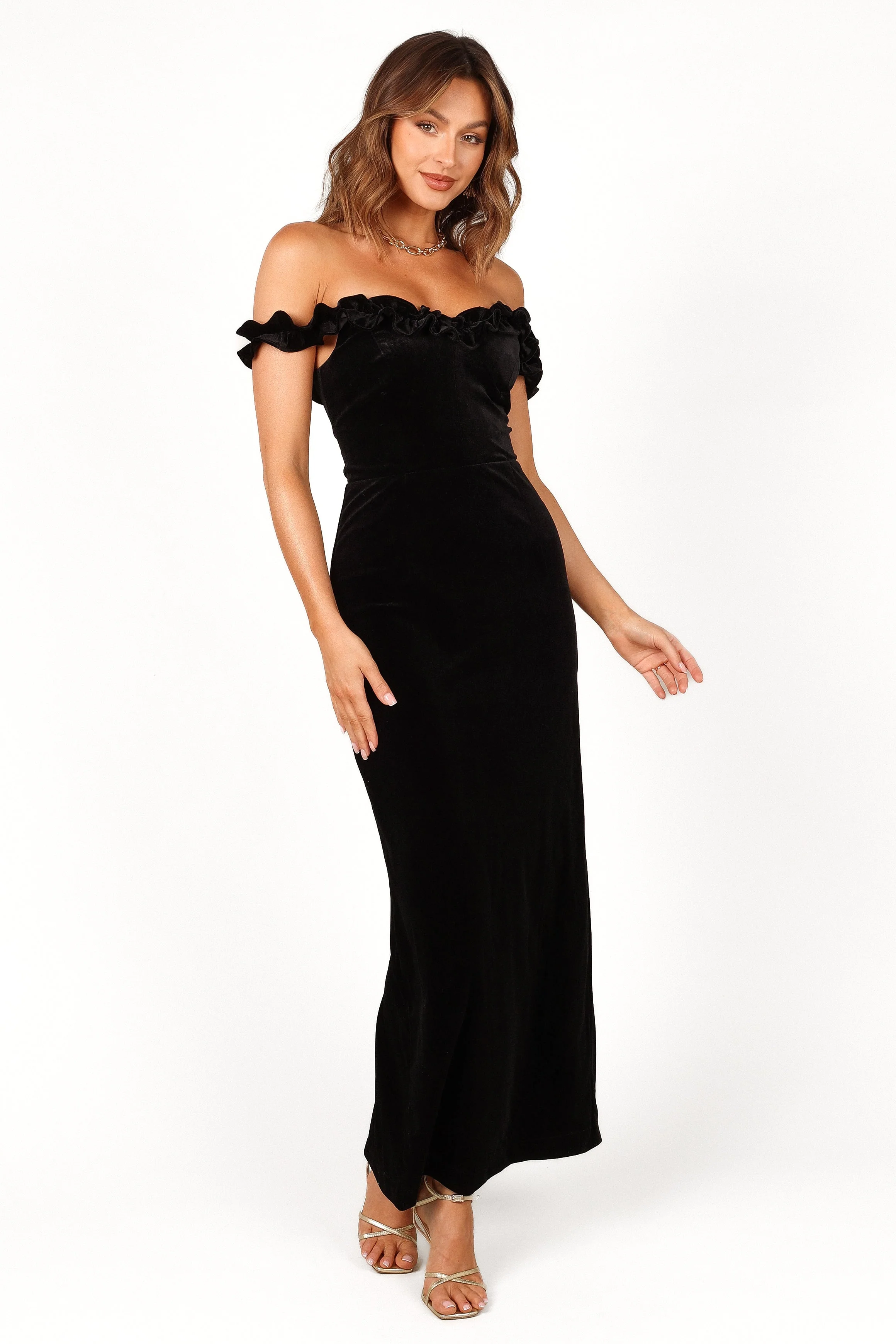 Celeste Off Shoulder Velvet Maxi Dress - Black