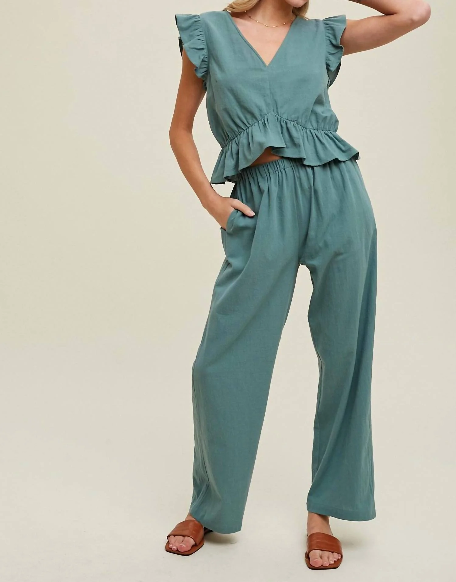 Ruffle Relaxed Crop Top And Pants Set In Teal