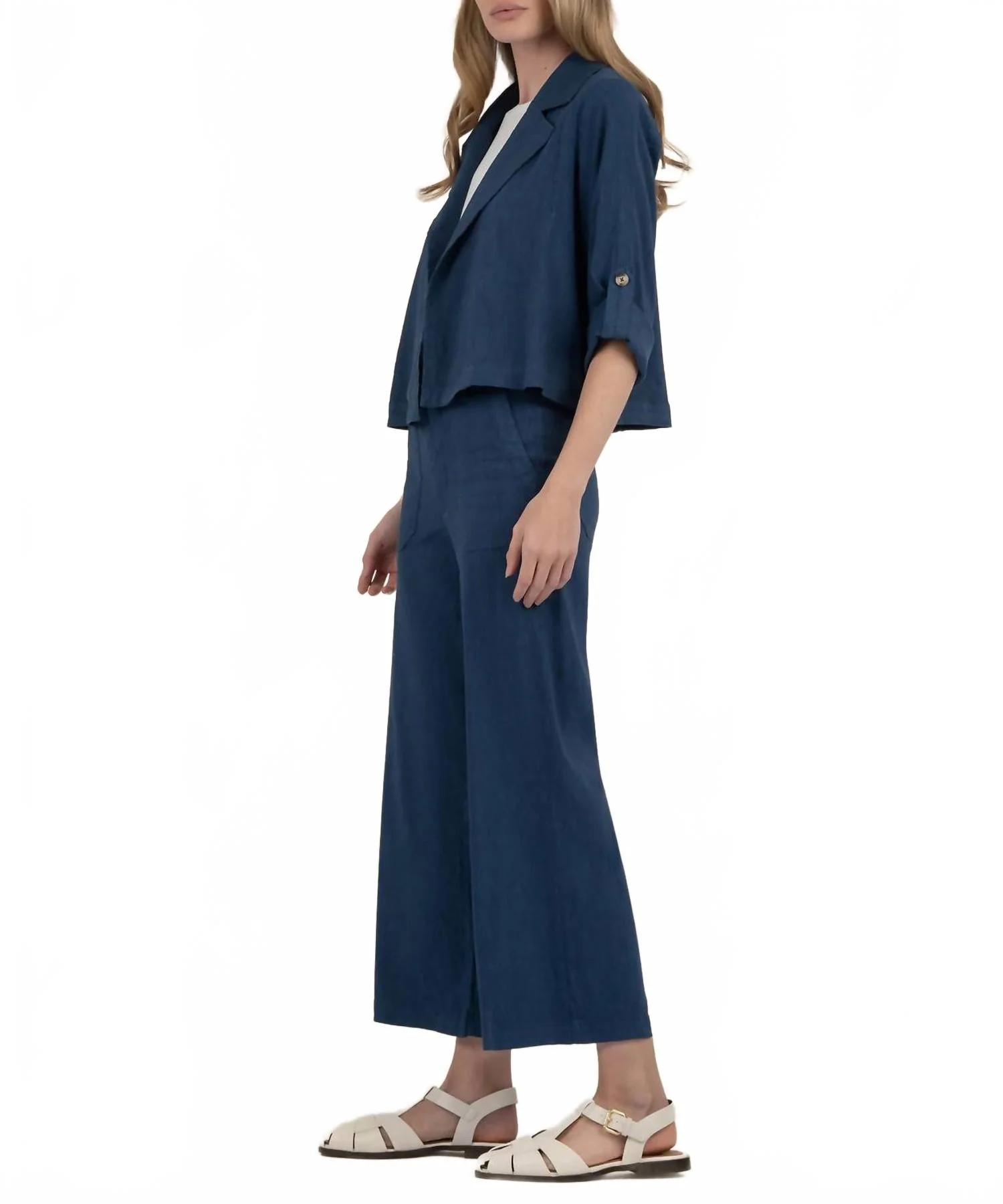 Nadine Linen Crop Blazer In Ocean Blue