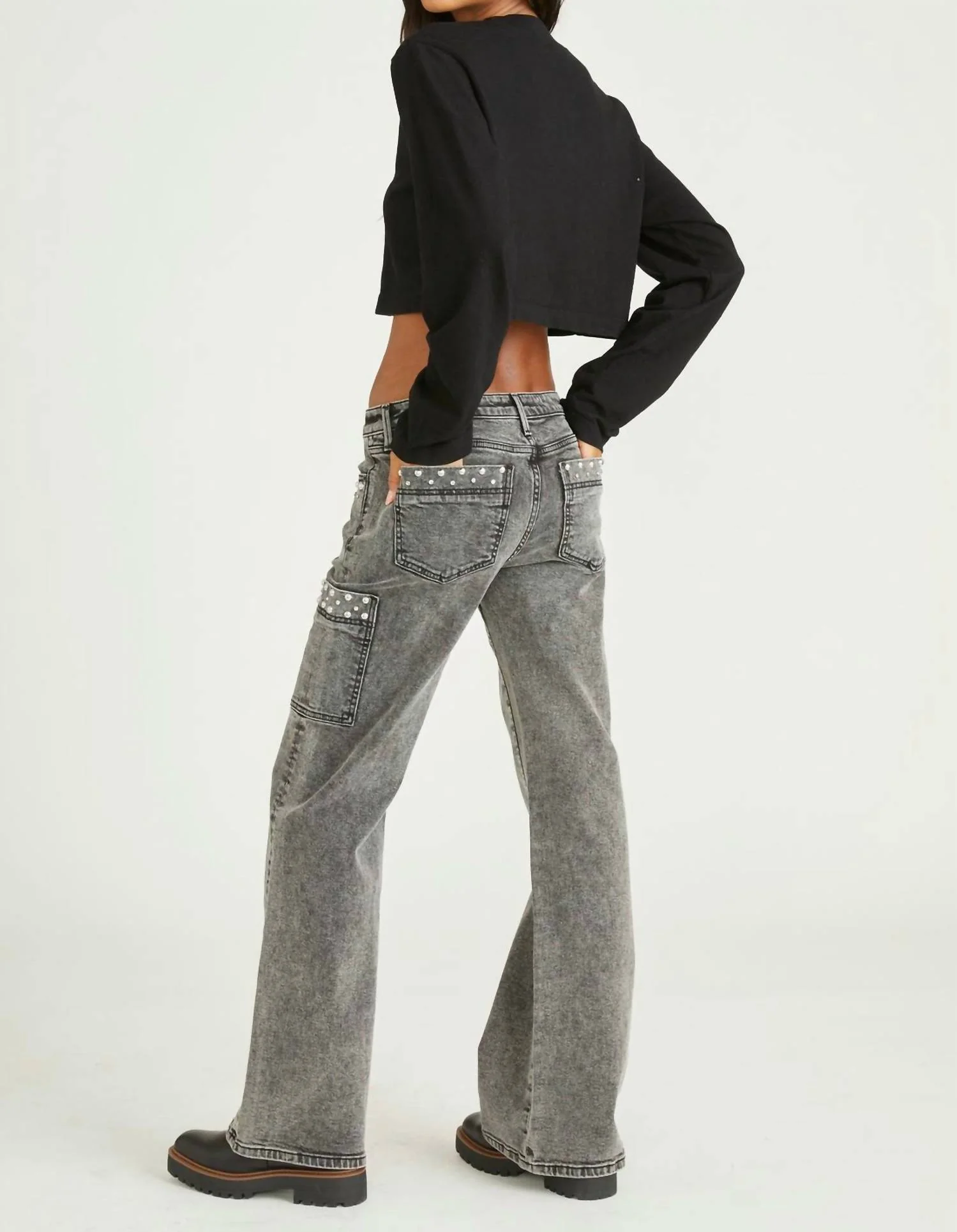 Charlee Cargo X Studded Jeans In Charcoal Denim