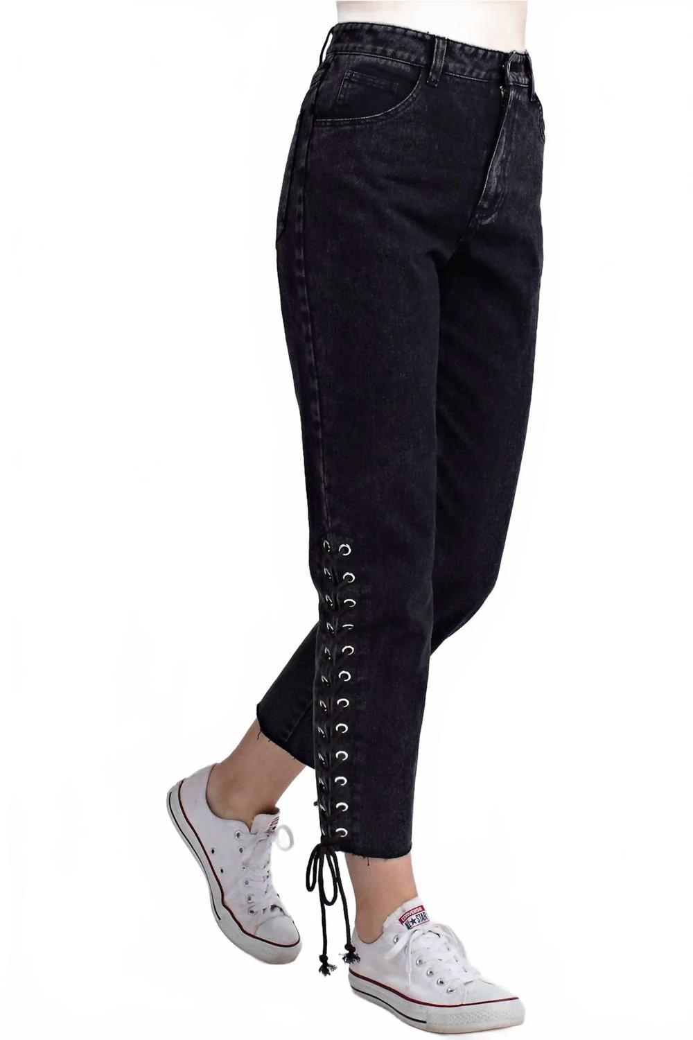 Side Lace Up Denim Pant In Black