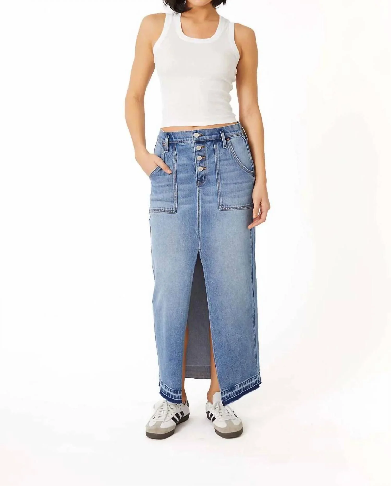 Carol Exposed Button Maxi Skirt In Stone Blue