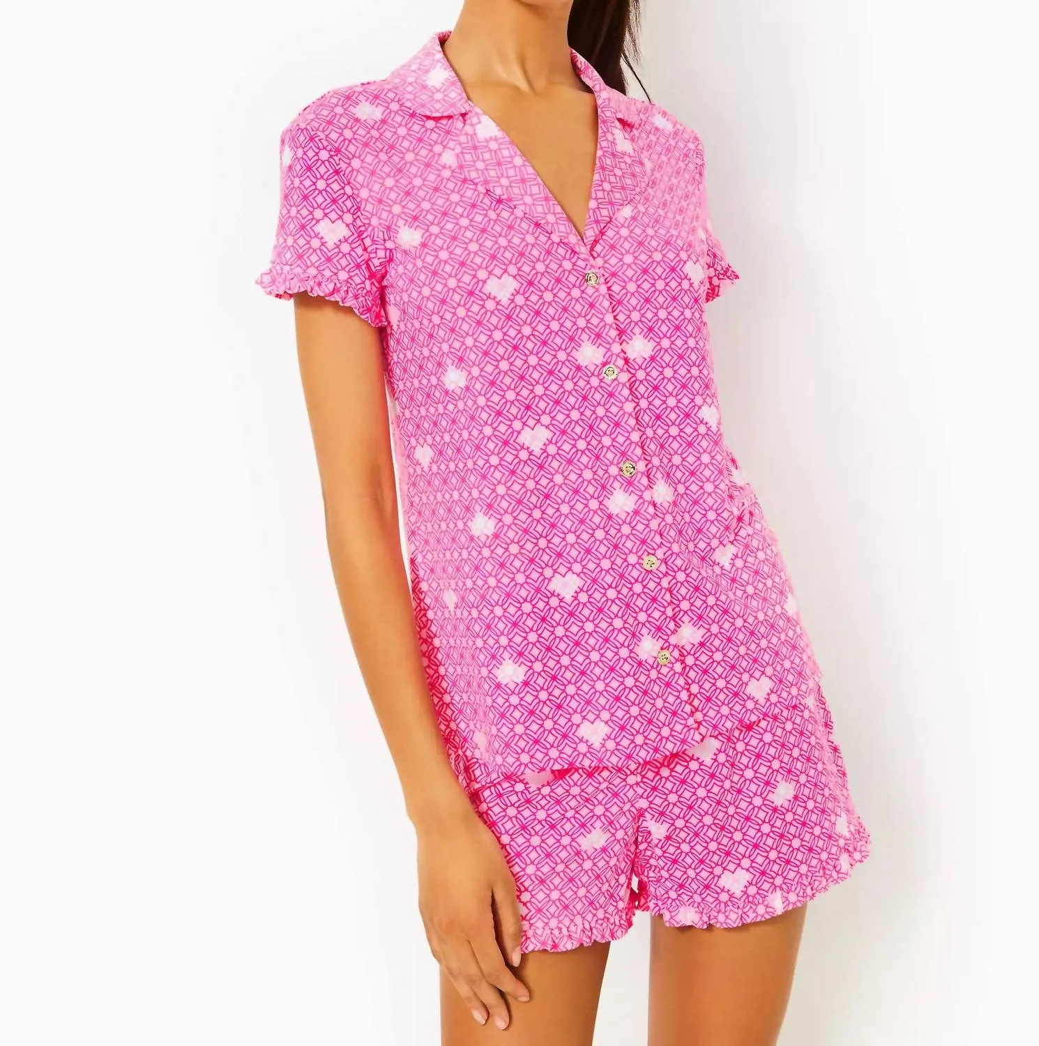 Valaine Pajama Top In Passion Fruit Pink Fluttering Hearts