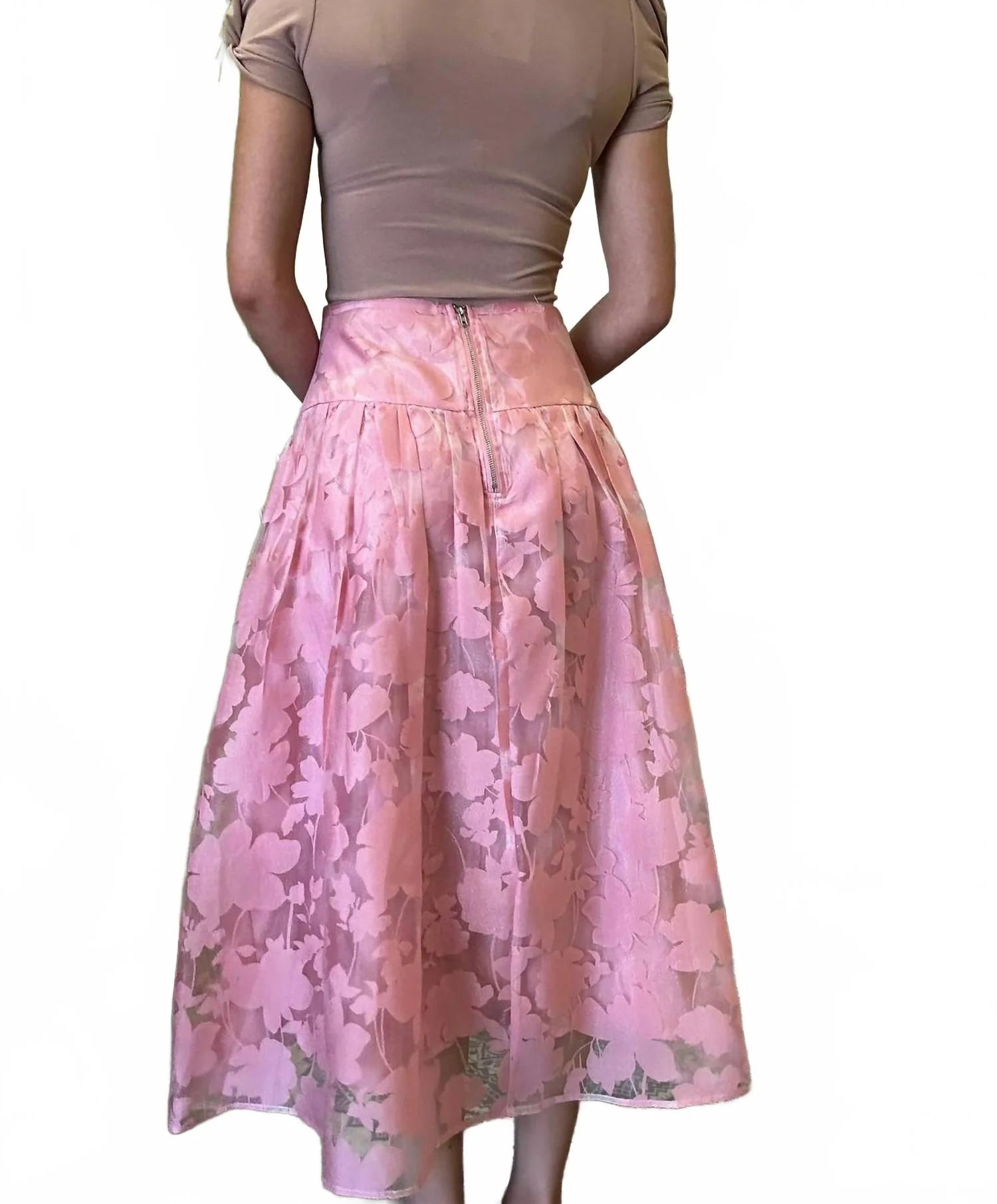 Floral Organza Midi Skirt In Dusty Pink