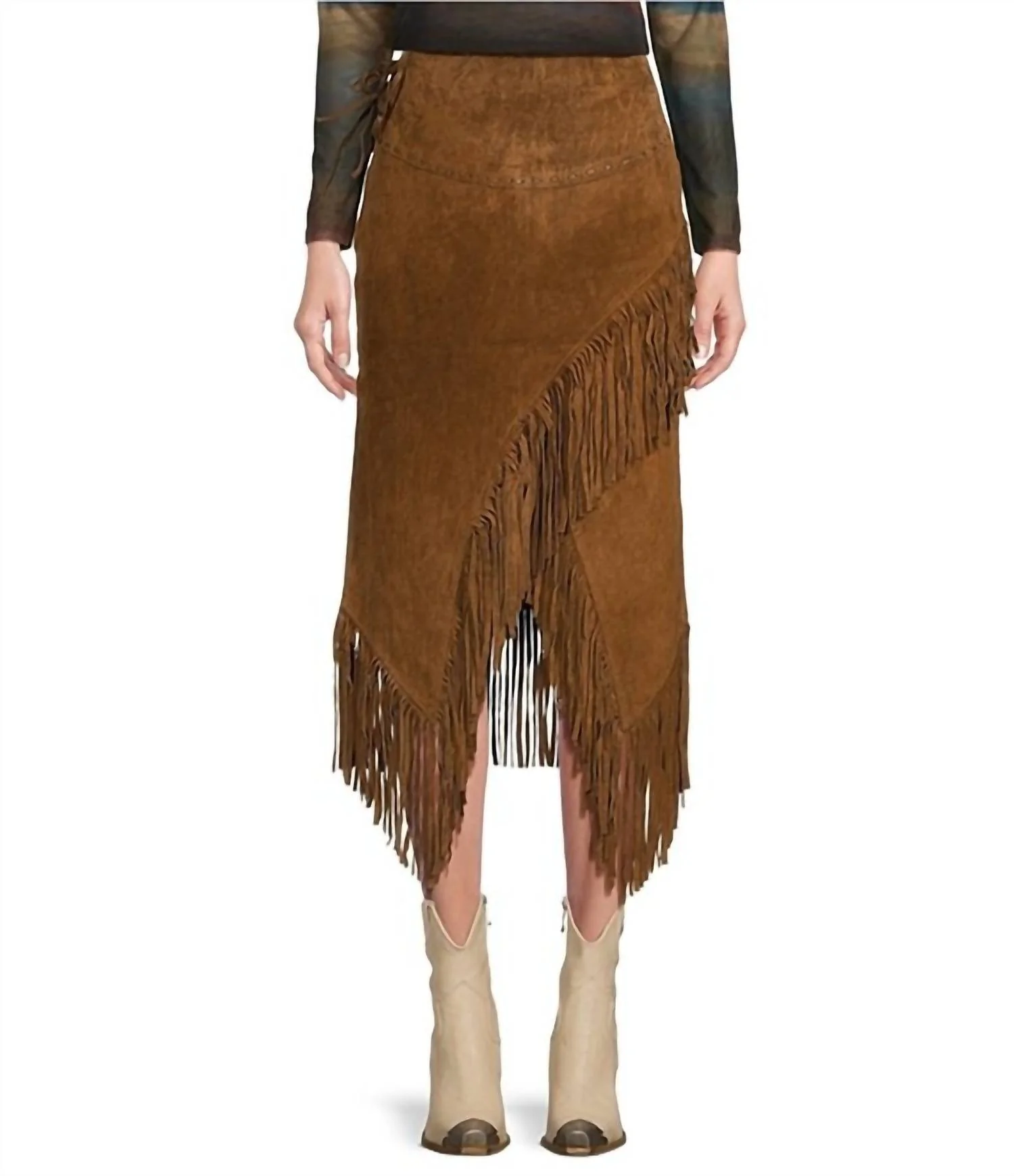 Long Suede Leather Fringe Midi Skirt In Cinnamon