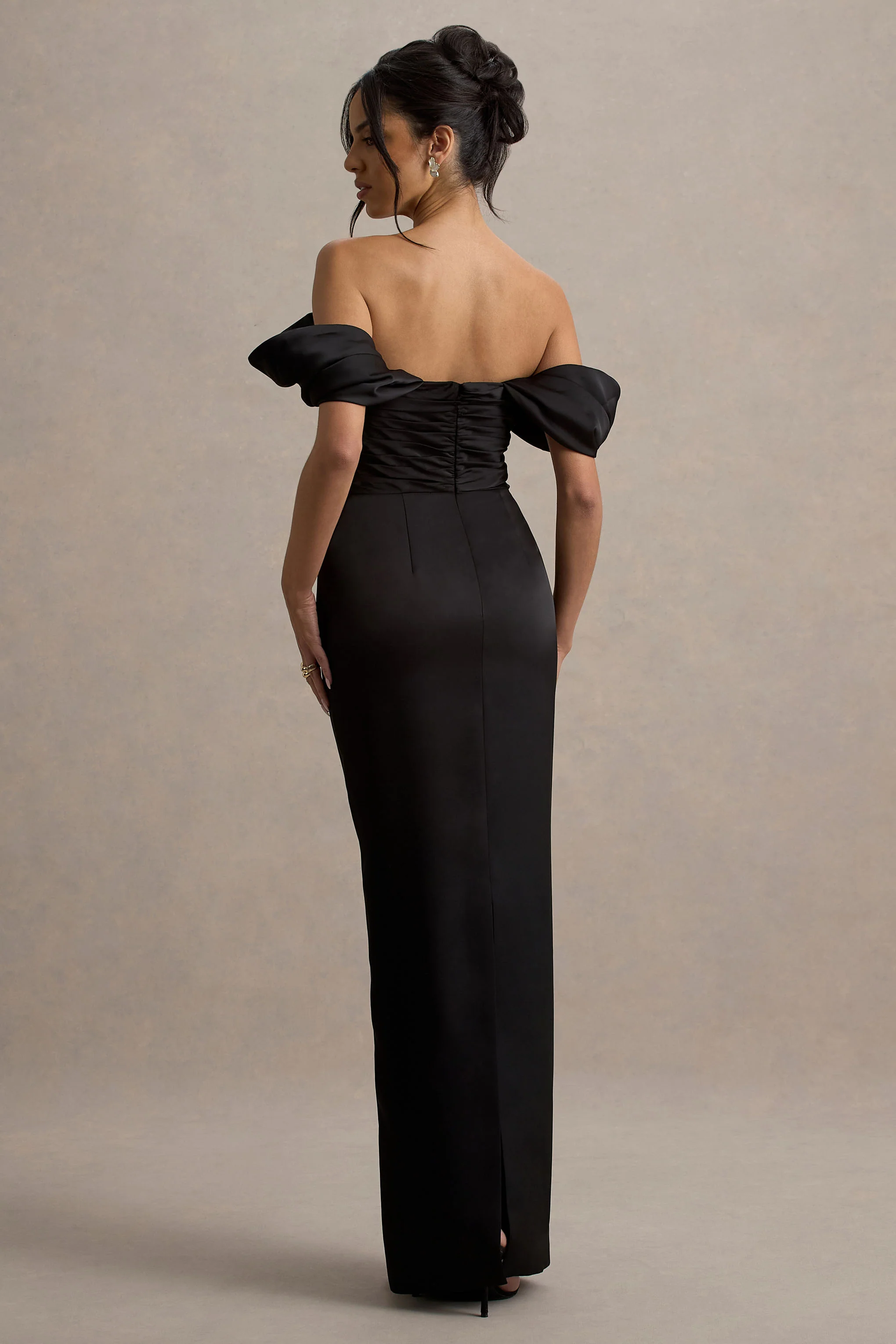 Annita | Black Satin Bardot Maxi Dress