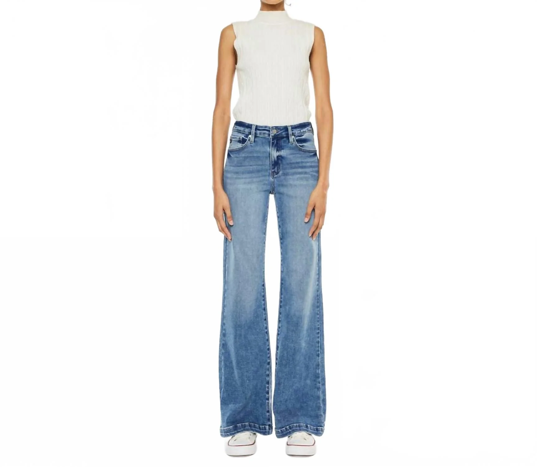 High Rise Wide Leg Flare Jeans In Medium Stone Wash