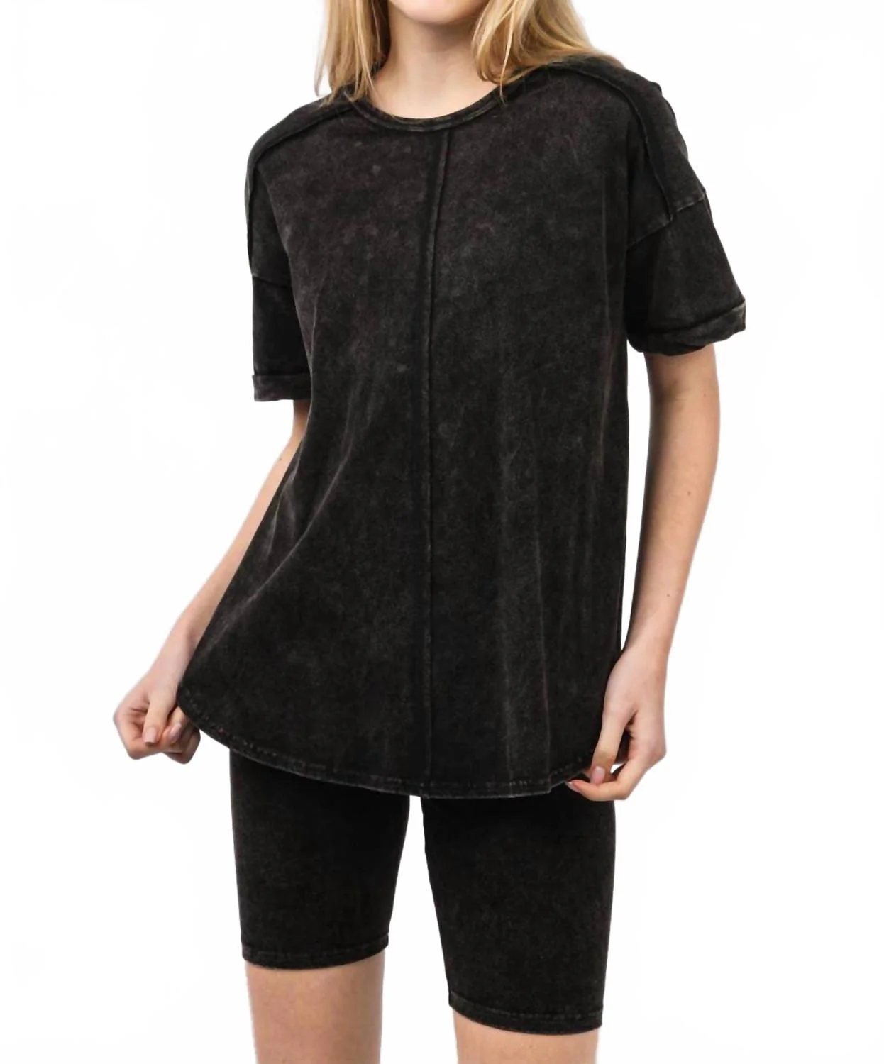 Comfy Washed Biker Top And Short Set In Black