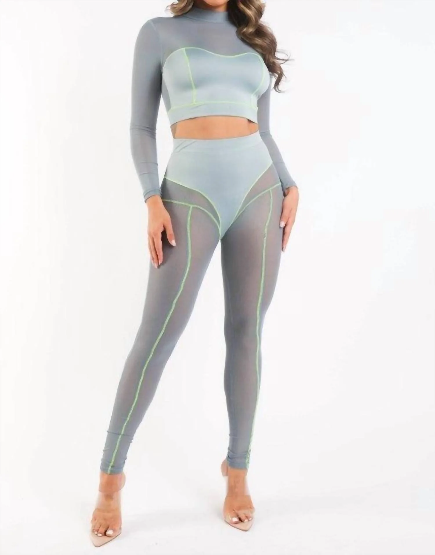Mesh Mockneck Top And Pants Day Set In Gray