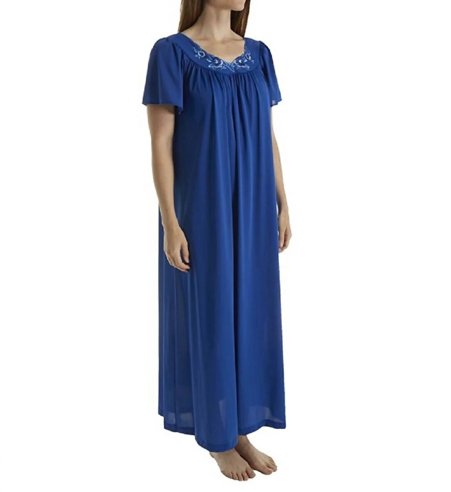 Long Gown With Flower Petal Embroidery And Flutter Sleeves In Navy