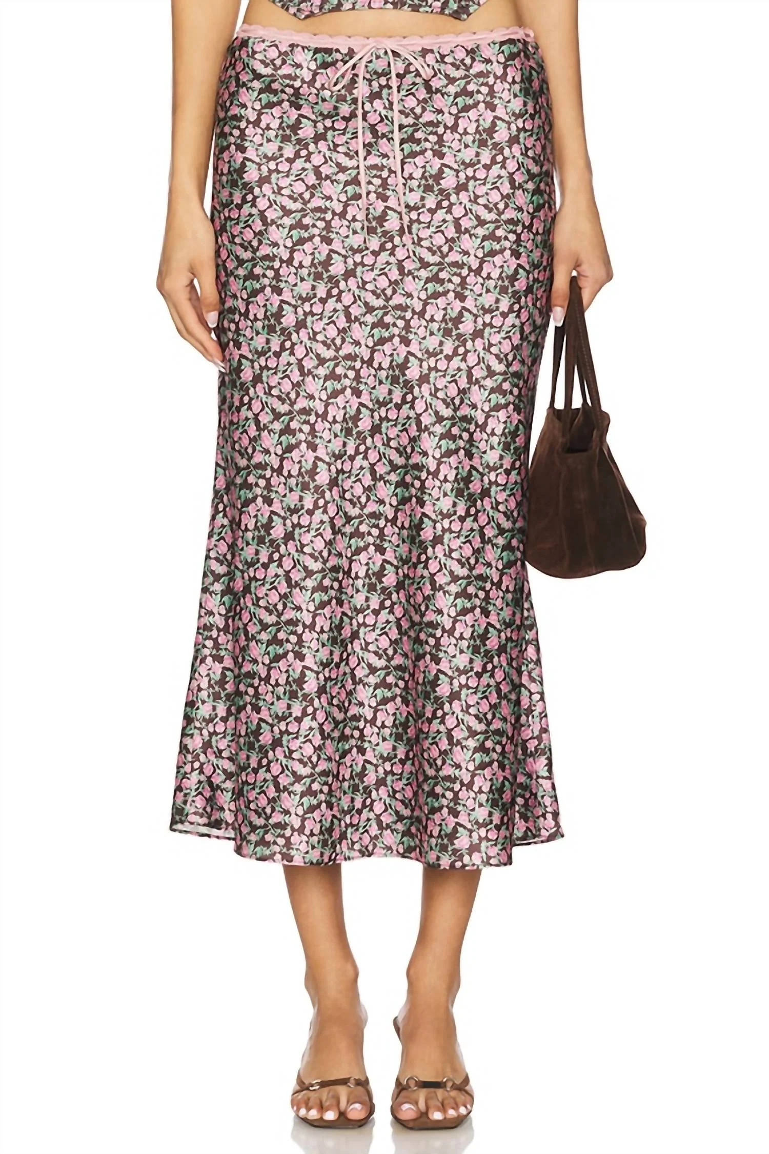 Nathalia Slip Midi Skirt In Brown Floral