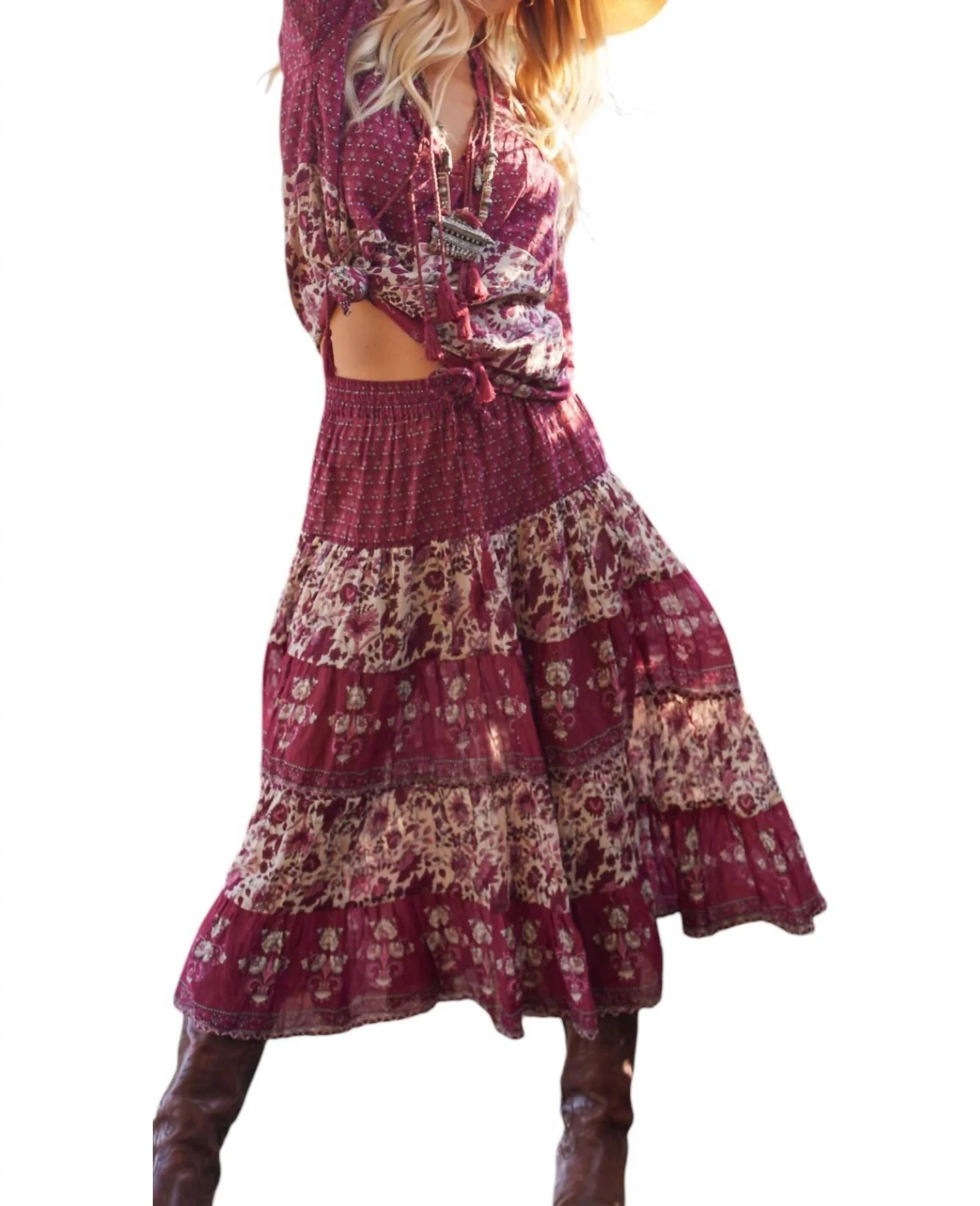 Rosa Printed Midi Patchwork Skirt In Burgundy