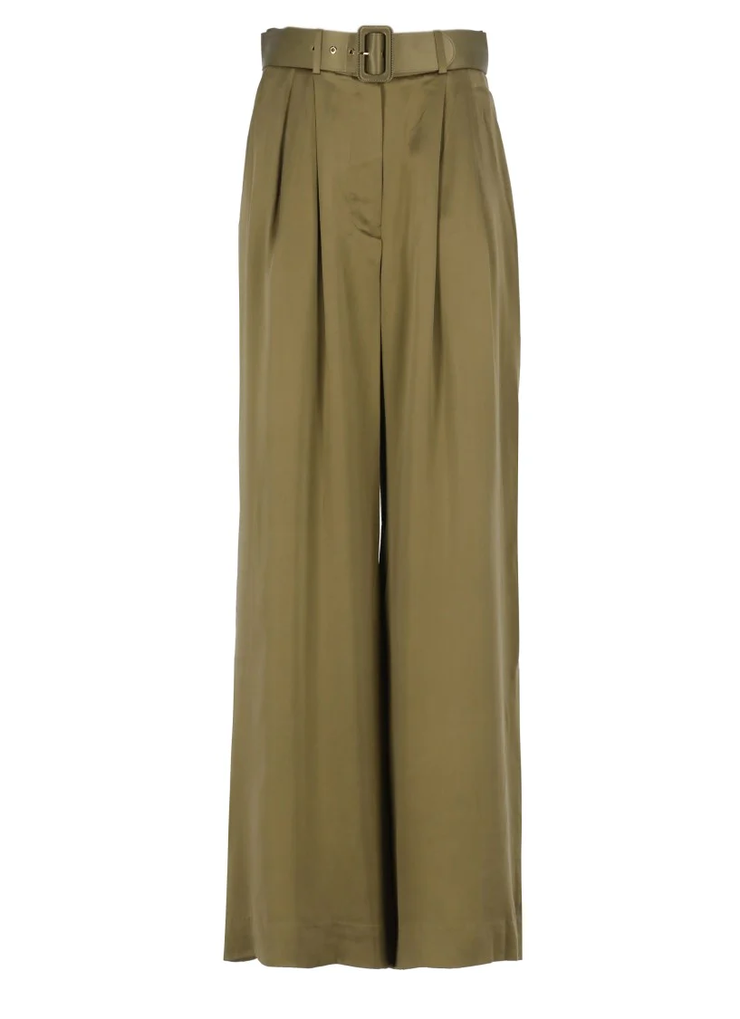 Green Wide-Leg Silk Tuck Pants