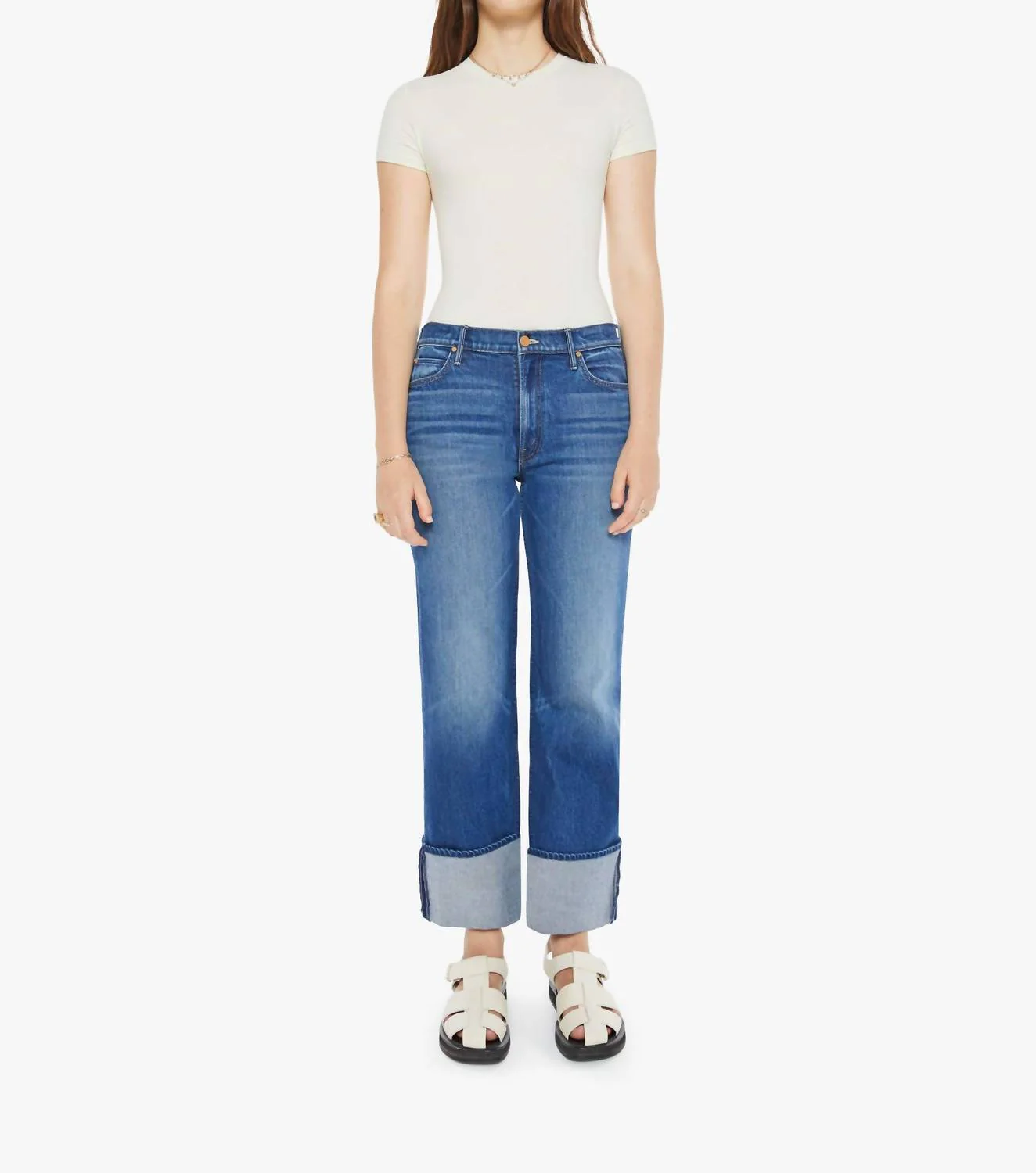 Checkerboard Duster Flood Cuff Jeans In Bunny Hop