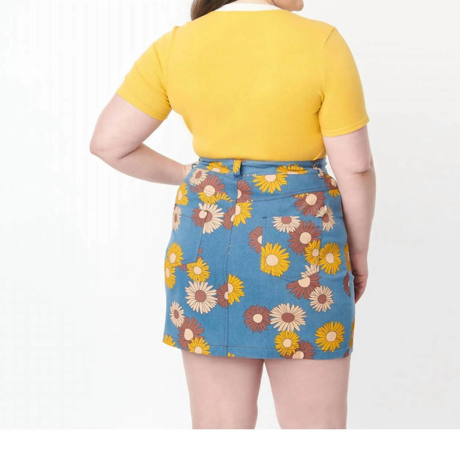 Denim Floral What A Classic Mini Skirt - Plus In Denim / Brown Multi