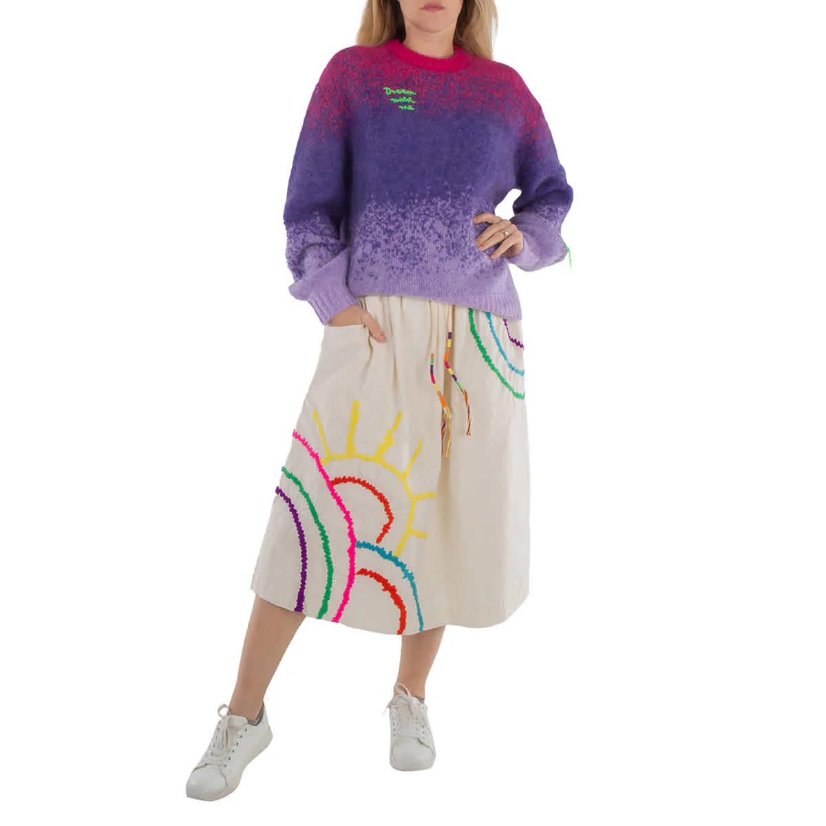 Mira Mikati Ladies White Embroidered Sun Scene Elasticated Skirt