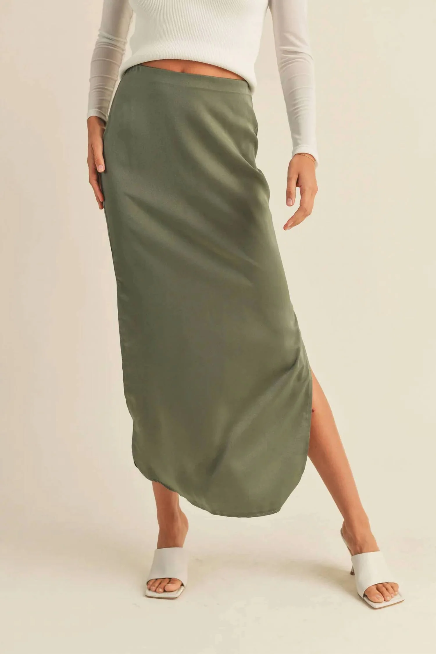 Satin Side Slit Midi Skirt In Olive