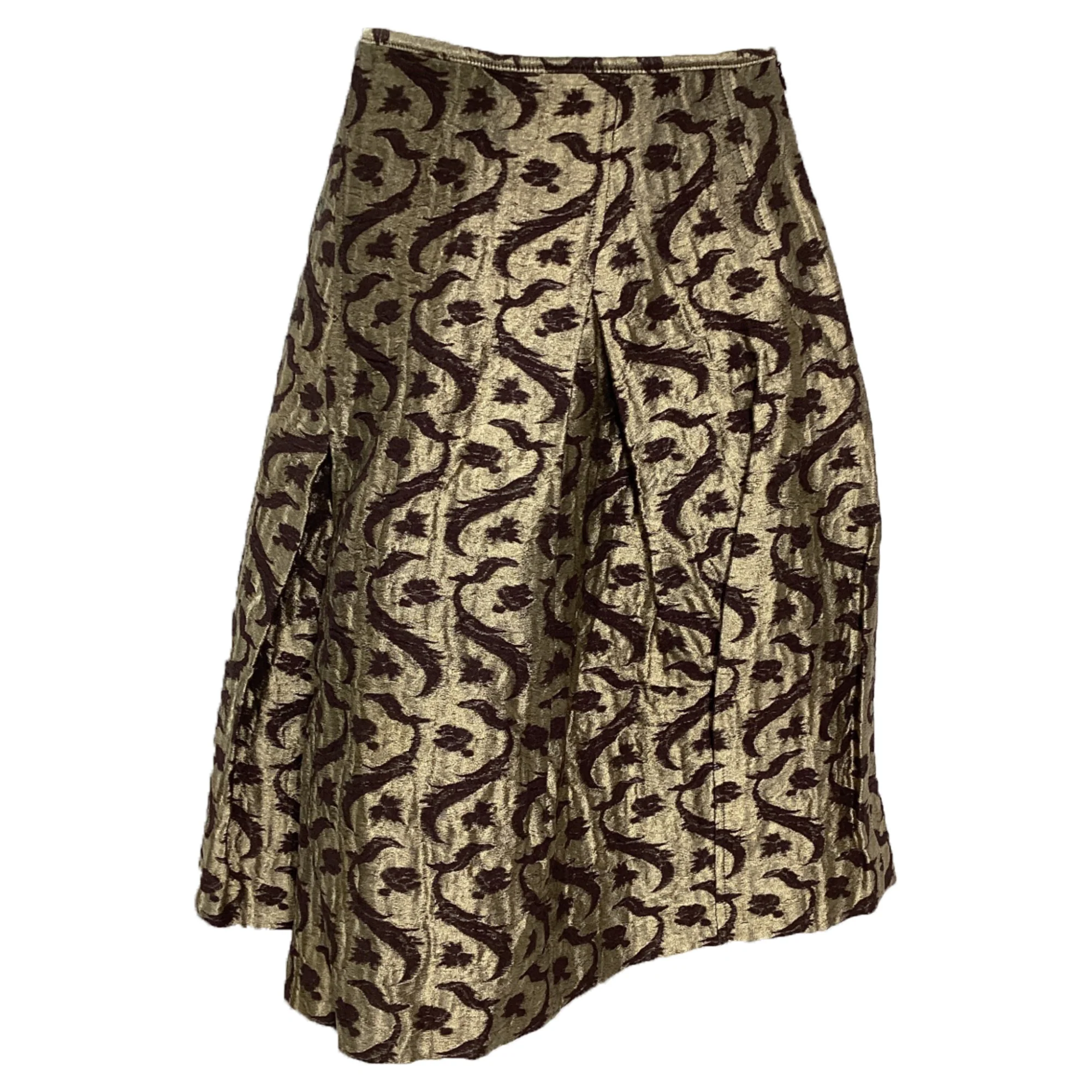Dries Van Noten Brocade Pleated Midi Skirt in Gold Polyester