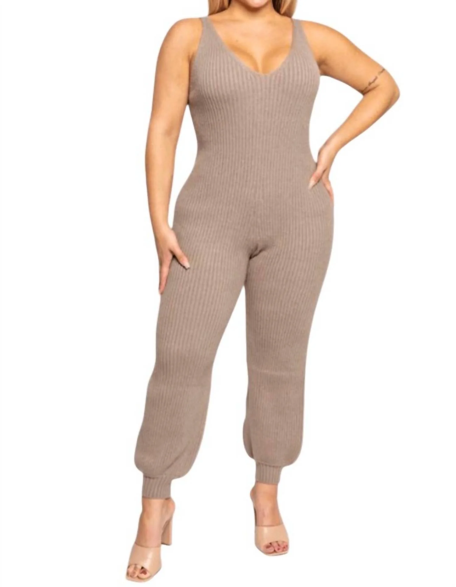 Katrina Sweater Jumpsuit And Duster Set Plus In Khaki