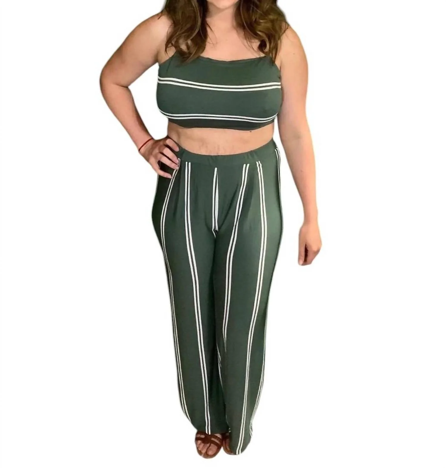 Pinstripe Pants Set In Hunter Green