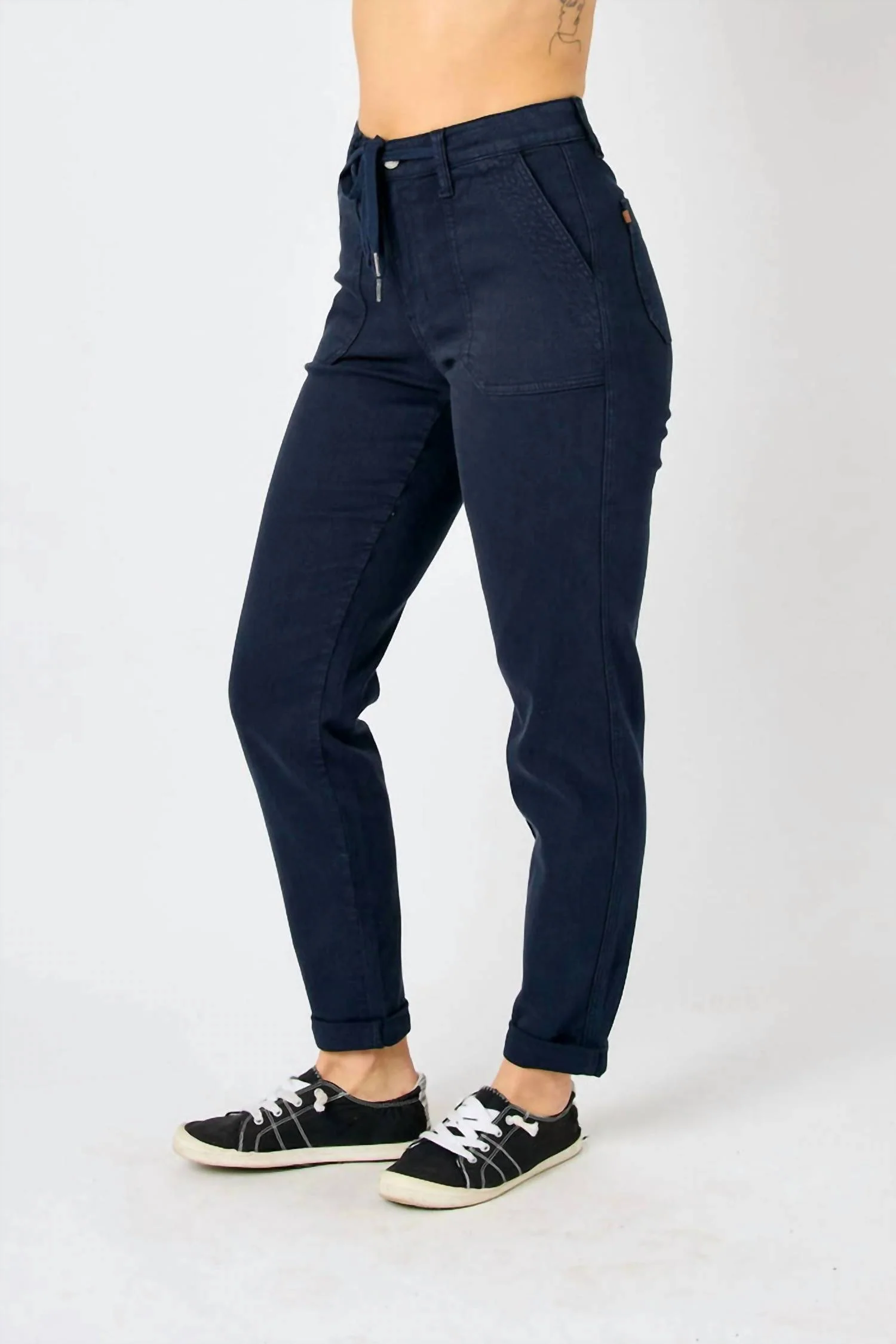 High Waist Garment Dyed Cuffed Jogger In Navy