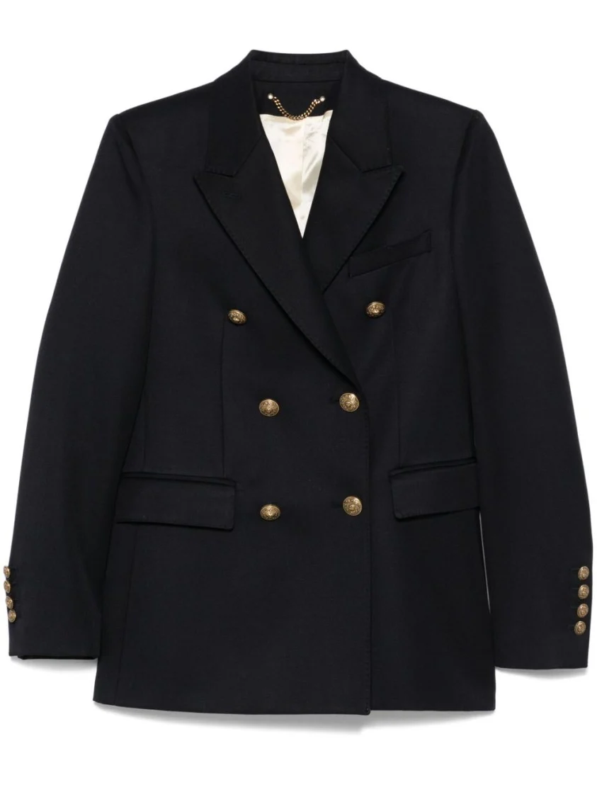 Navy Blue Double-Breasted Jacket With Flap Pockets