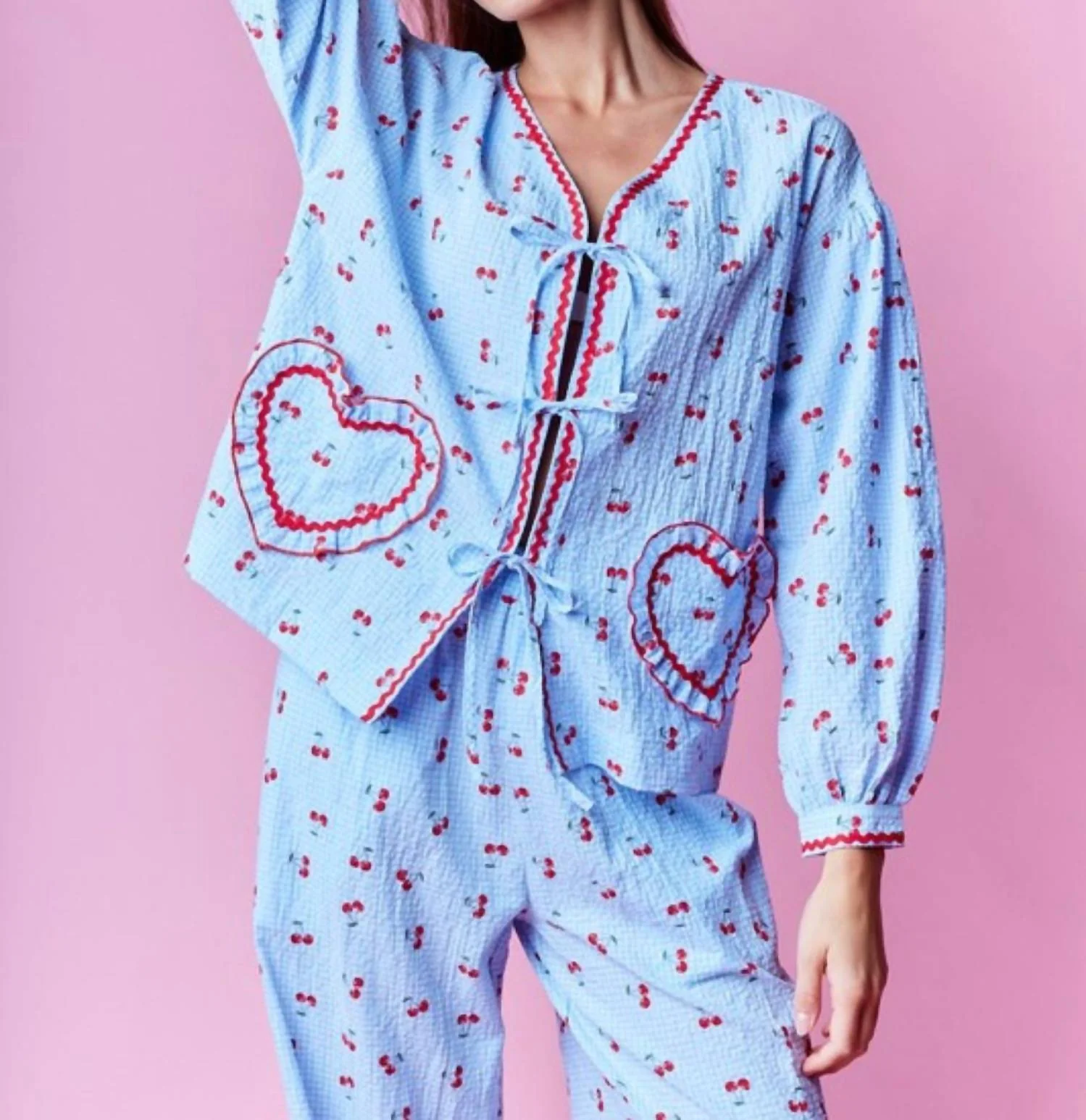 Cherry Heart Pajama Setset In Blue