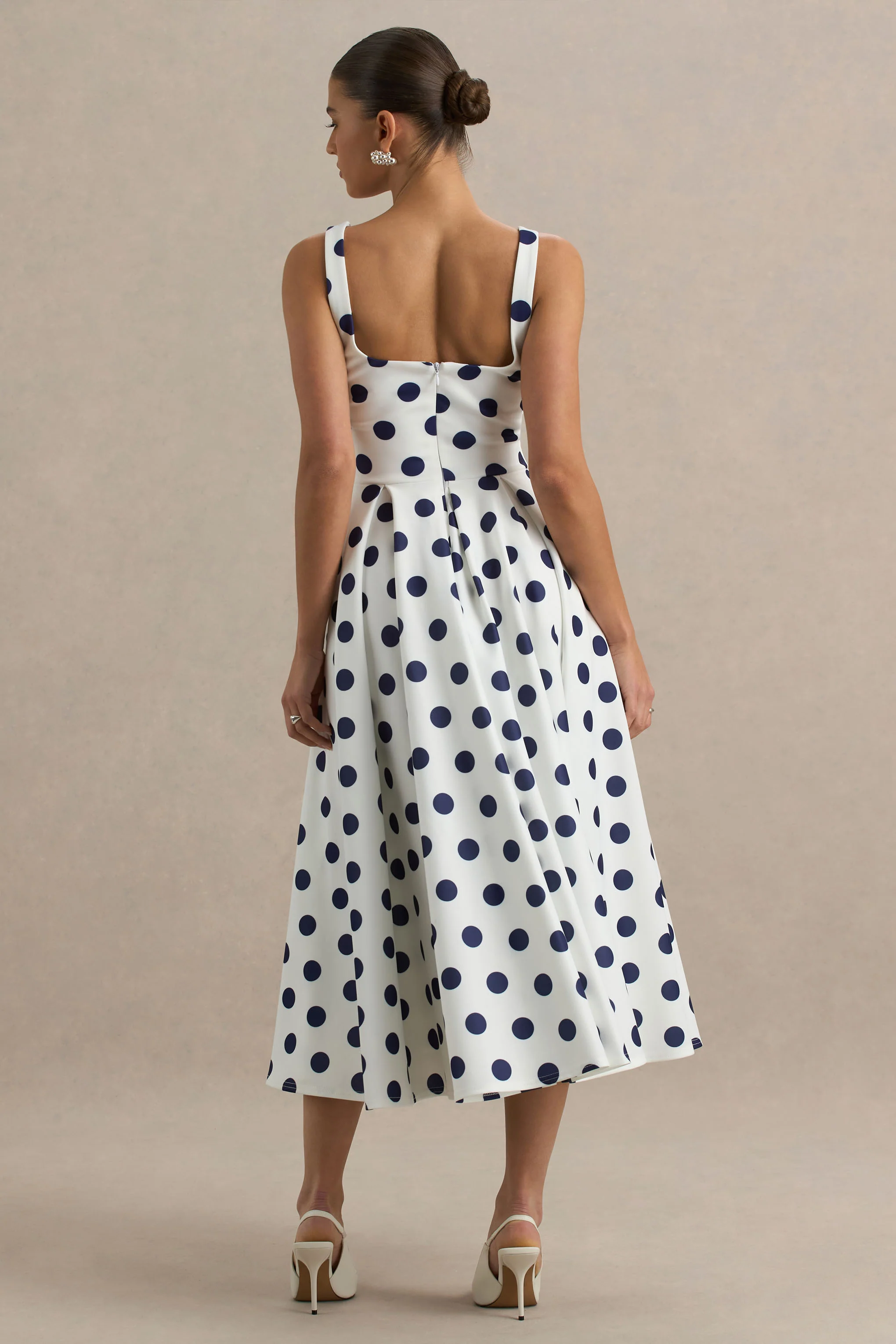 Berta | White And Navy Polka-Dot Square-Neck Midi Dress