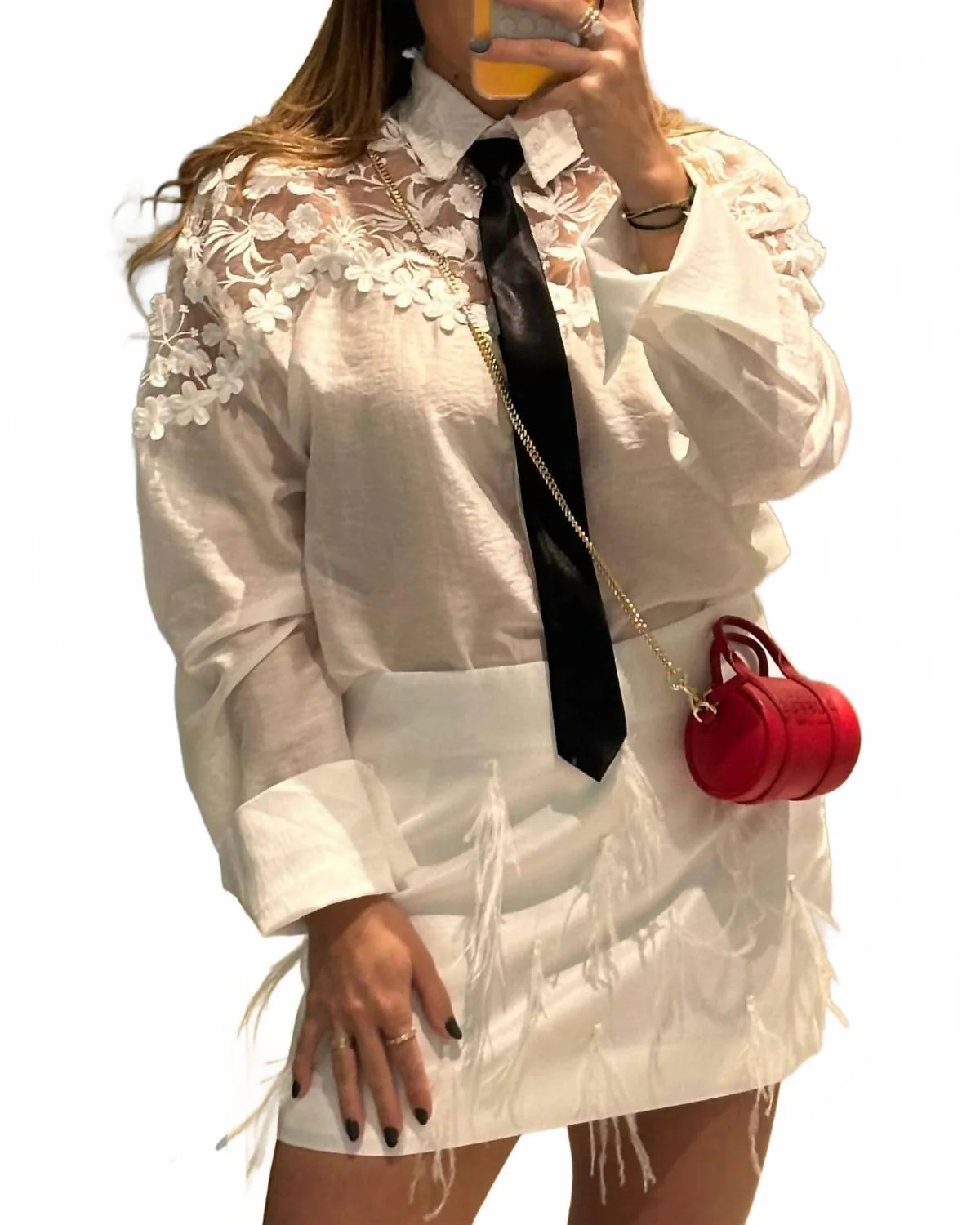 Bow Tie & Feathers Skirt Set In White