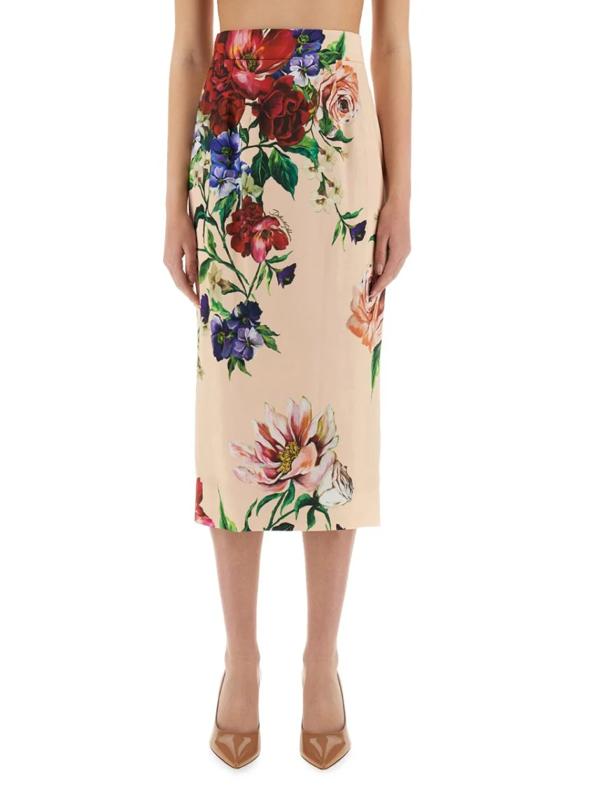 Flower Print Satin Midi Pencil Skirt