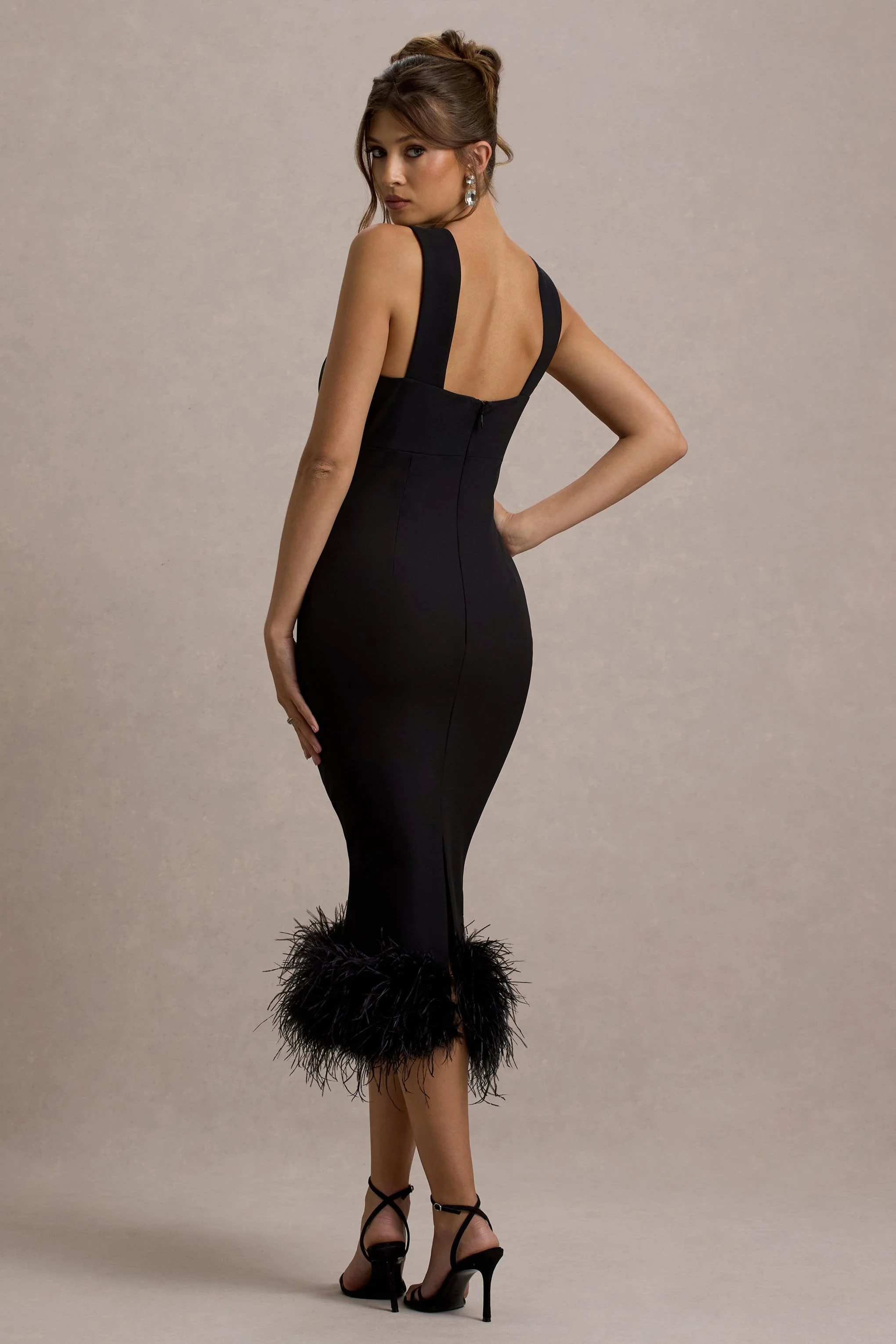 Titania | Black Twist-Neck Feather Hem Midi Dress